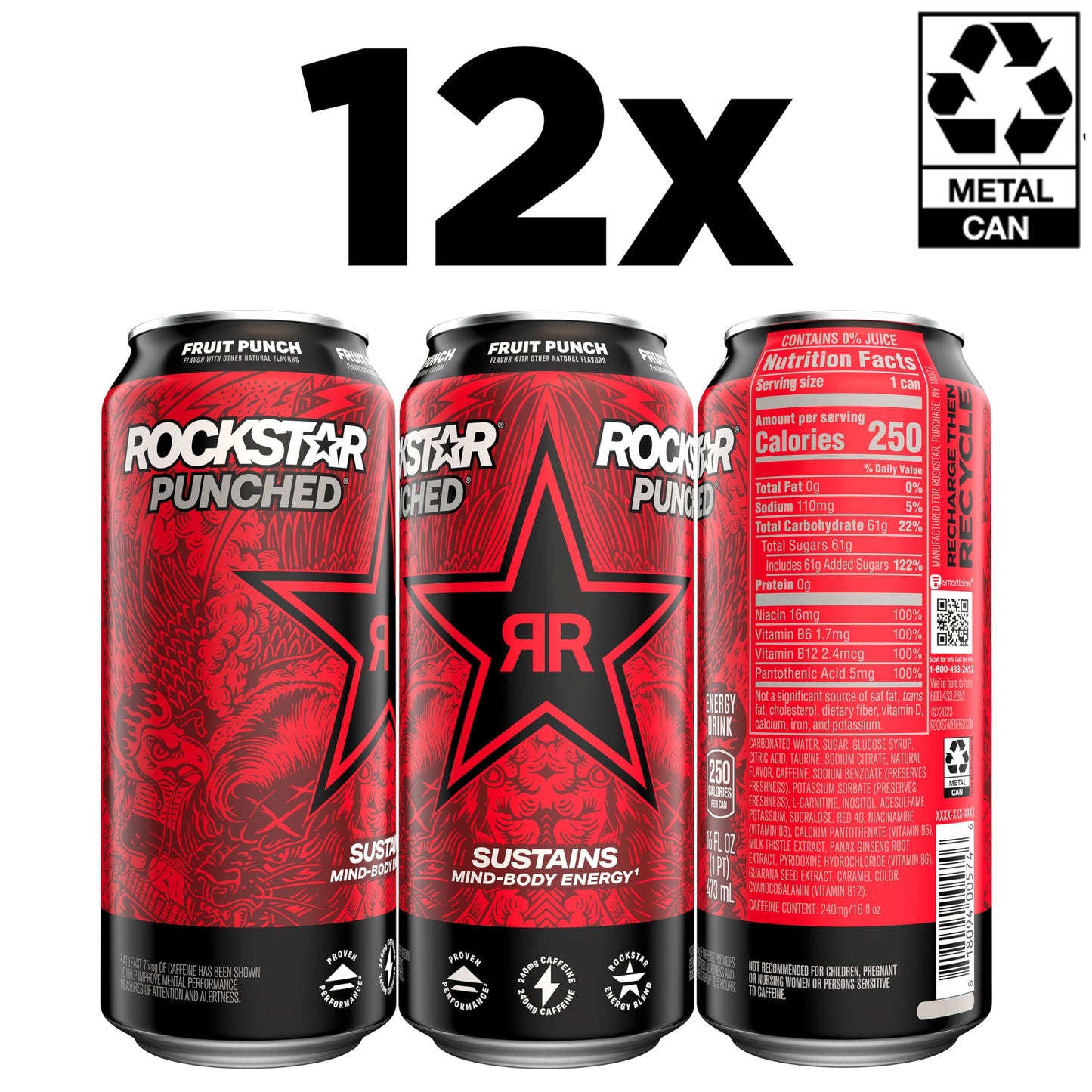 Rockstar Punched Energy Drink, Fruit Punch, 16 Fl Oz (Pack of 12) (Packaging May Vary)