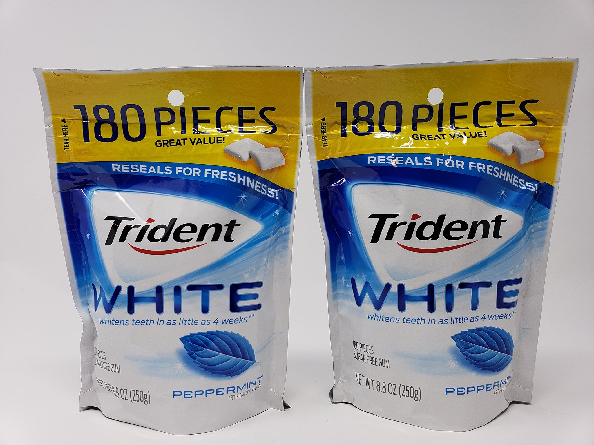 Trident White Sugar Free Gum, Peppermint, 180 Count (Pack of 2)