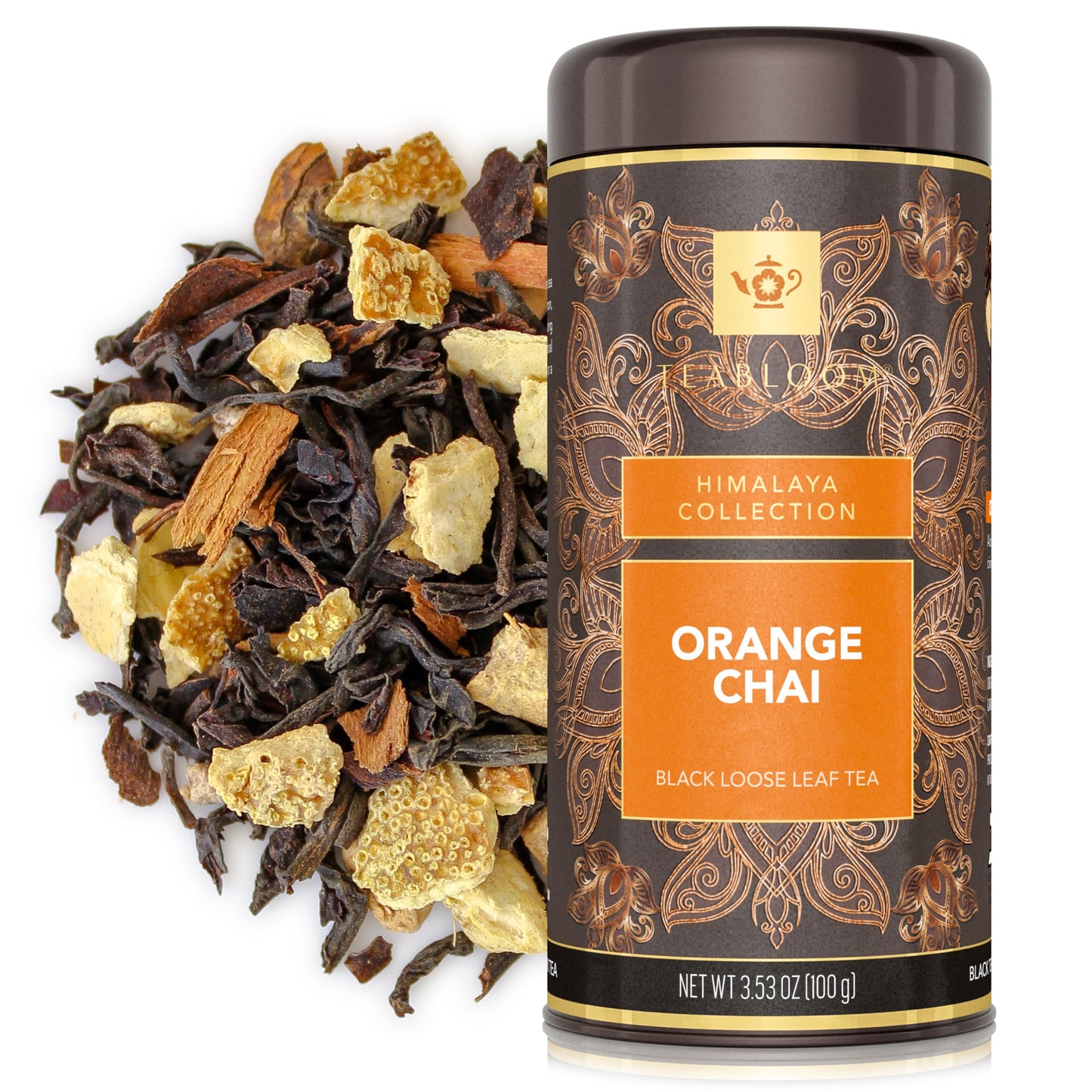 Teabloom Orange Chai Loose Leaf Black Tea with Citrus & Spice | Bold Cinnamon, Clove & Orange Flavor | Canister Makes 35-50 Cups | Gift-Ready Reusable