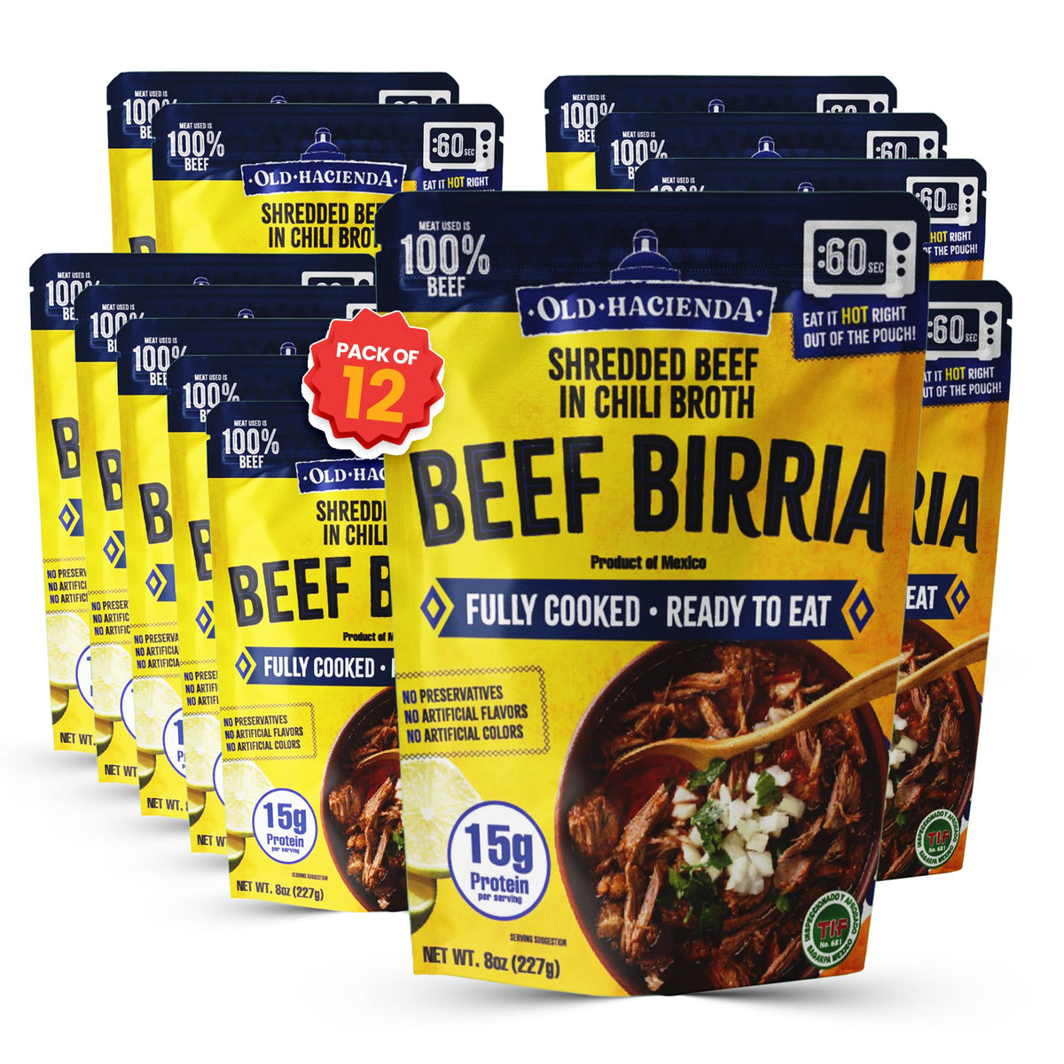 Old Hacienda Beef Birria | 100% Shredded Beef in Chili Broth | Fully Cooked & Ready to Eat | 15g Protein | No Preservatives, Artificial Flavors or