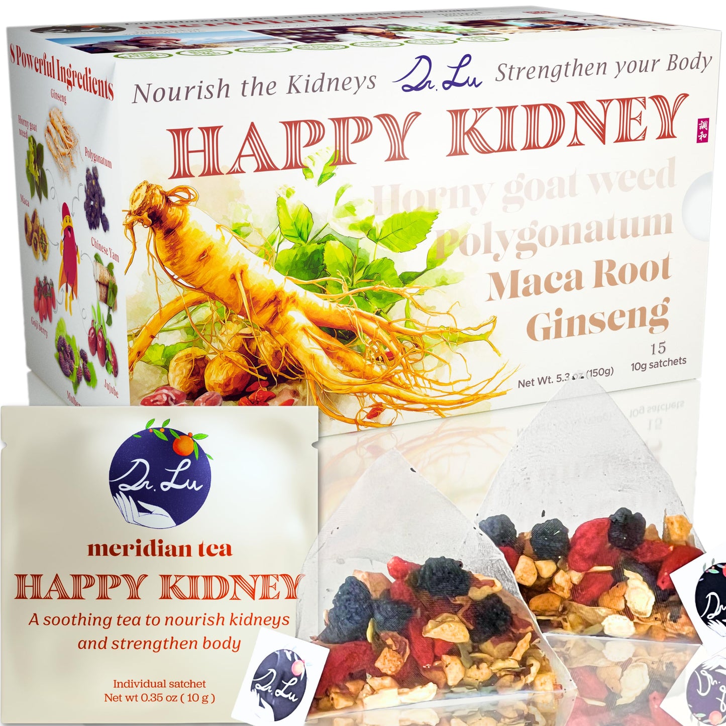 Dr. Lu’s Happy Kidney Tea | 100% Natural Kidney Cleanse Detox & Repair Tea Made in USA | 8-Treasure Kidney Support with Ginseng, Maca Root, Mulberry