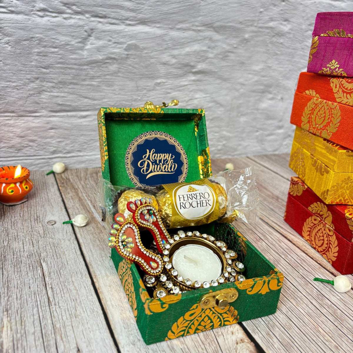 LoveNspire Premium Diwali Gift Hamper with Candle Holder, Lakshmi Feet, Chocolates - Navratri Corporate Gifts Candle Holder Laxmi Feet Chocolates/Pack