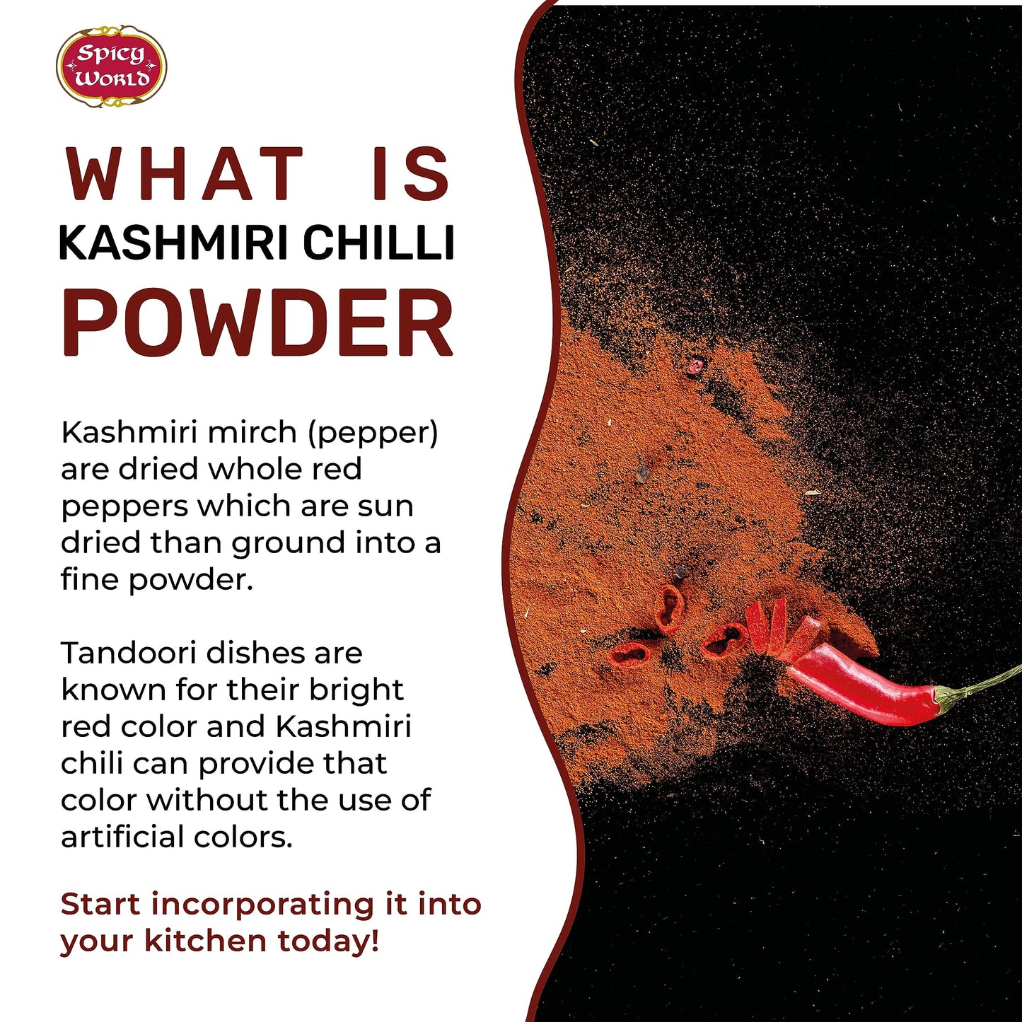 Spicy World Kashmiri Chili Powder Red 7 Ounce Resealable bag | All Natural Low Heat, Chili Powder - Red Pepper Powder
