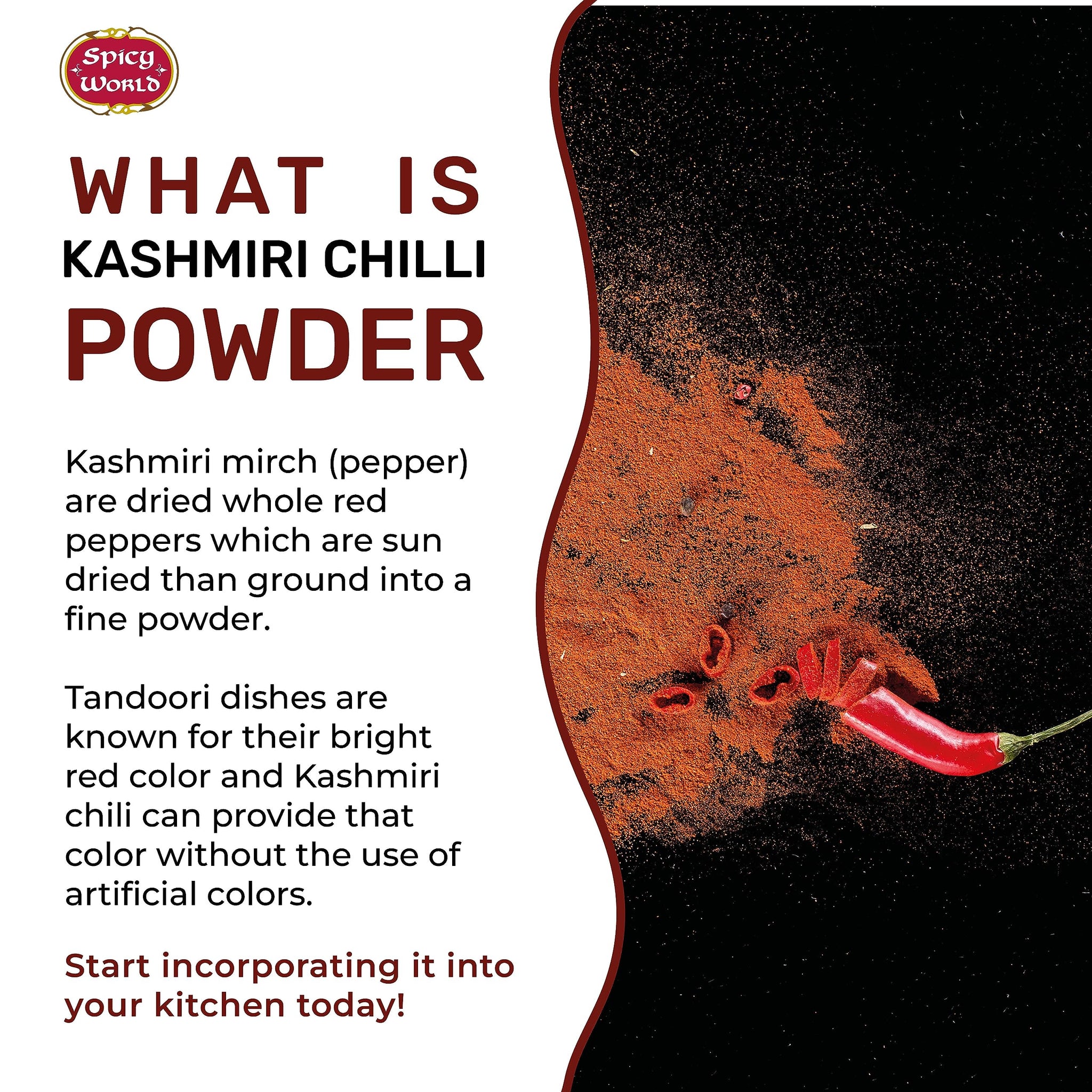 Spicy World Kashmiri Chili Powder Red 7 Ounce Resealable bag | All Natural Low Heat, Chili Powder - Red Pepper Powder