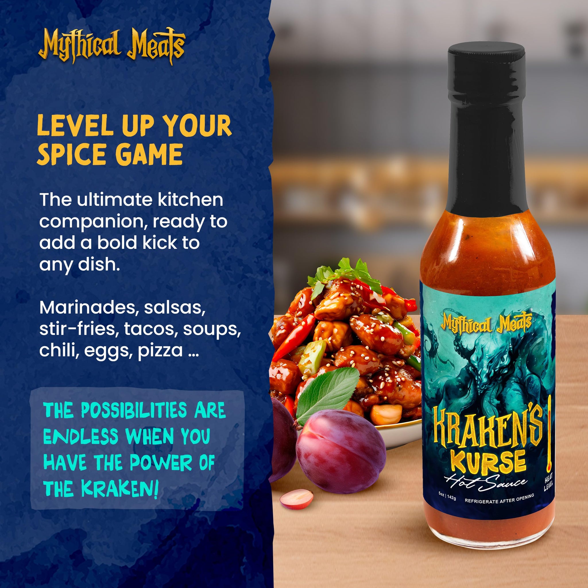 Mythical Meats Kraken's Kurse Hot Sauce - Carolina Reaper & Plum, Gluten Free, Non GMO, 8/10 Heat