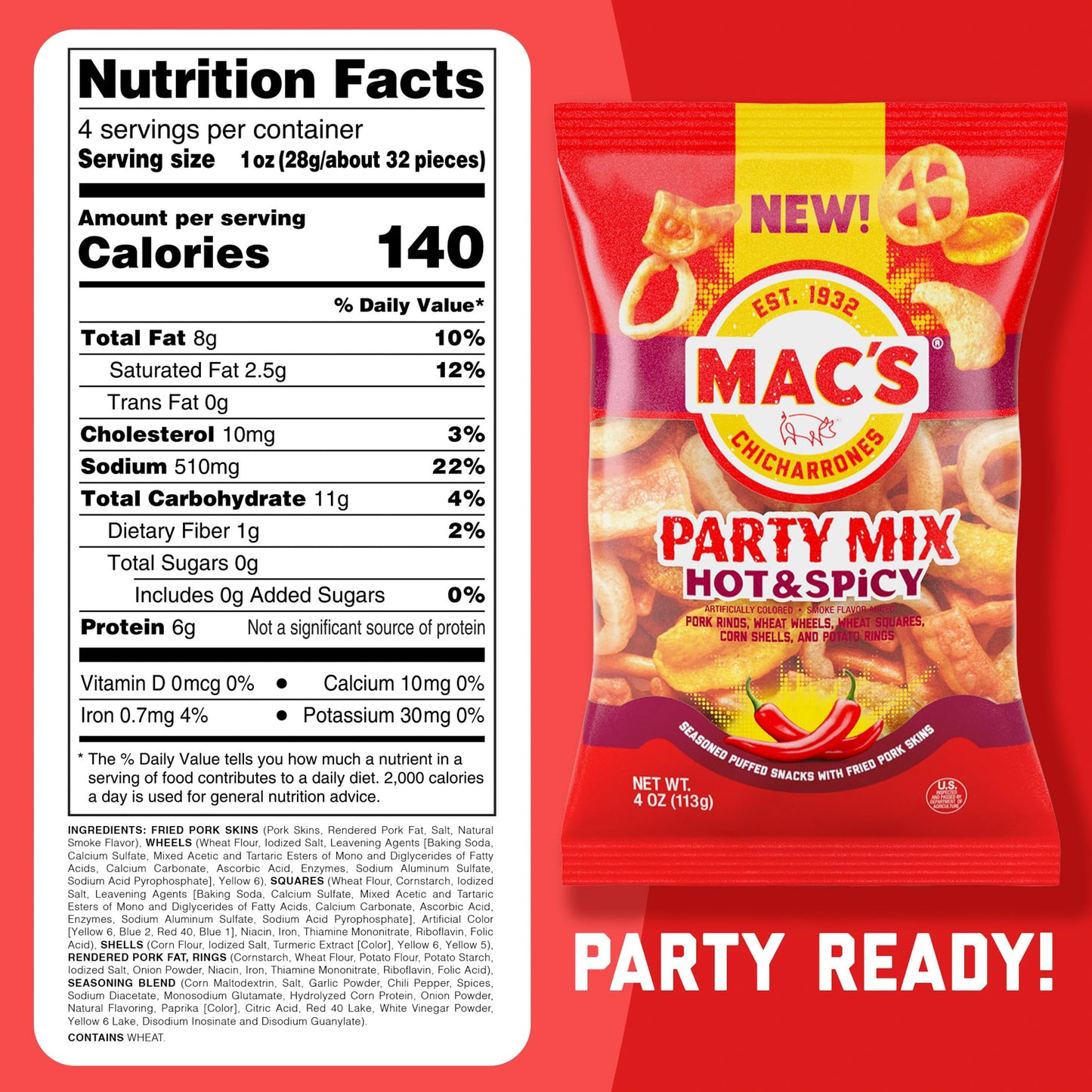 Mac's Hot & Spicy Pork Skins Party Mix - Hot & Spicy Flavored Chicharrones Pork Rinds - Party Snack - 4oz (9-Pack Party Mix)