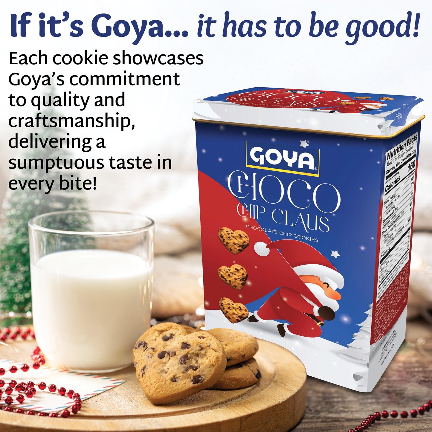 Goya Christmas Cookie Gift Collection, Festive Chocolate Claus Chip Heart-Shaped Christmas Cookies in Tin, Holiday Treats for Family & Friends, 9.5 oz
