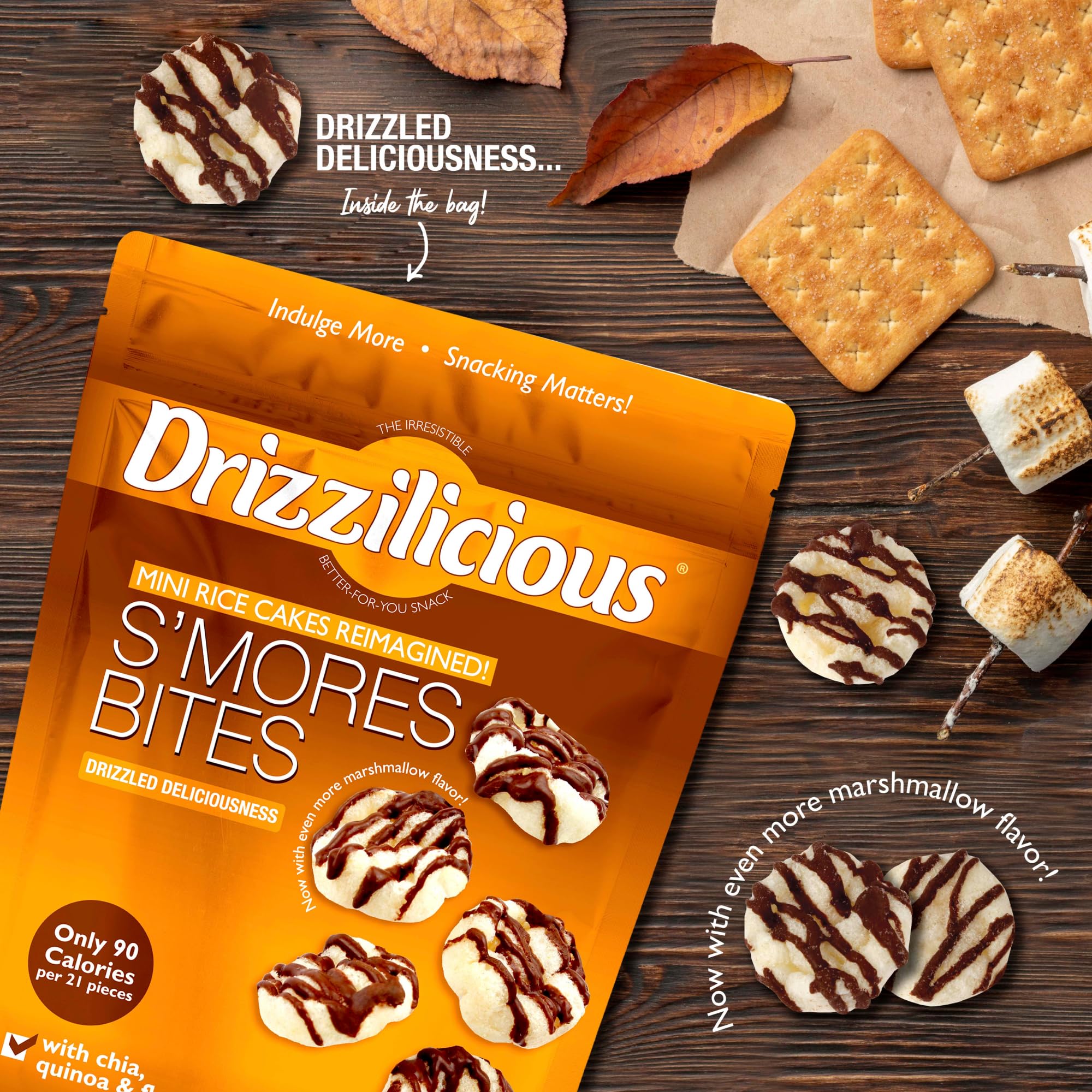Drizzilicious Mini Flavored Rice Cakes S'mores - Rice Crisps, Healthy Snack for Adults and Kids, Vegan, Gluten Free Snack, Allergen Free, Only 90