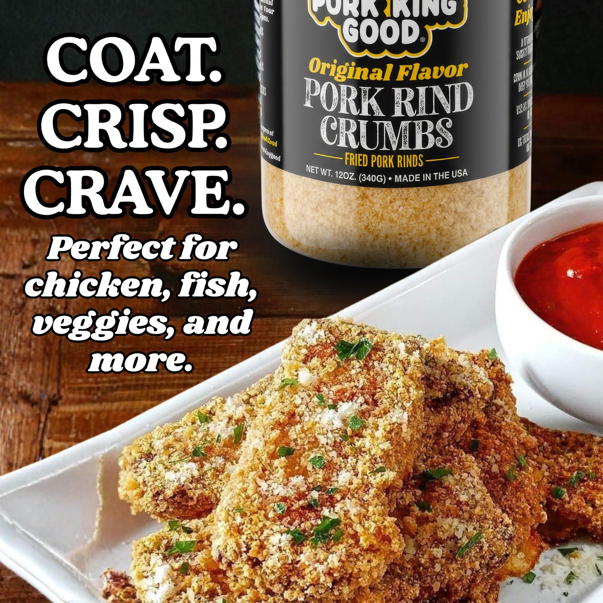 Pork King Good Low Carb Keto Diet Pork Rind Breadcrumbs! Perfect For Ketogenic, Paleo, Gluten-Free, Sugar Free and Bariatric Diets (Original) (Original, 12 Oz Jar)