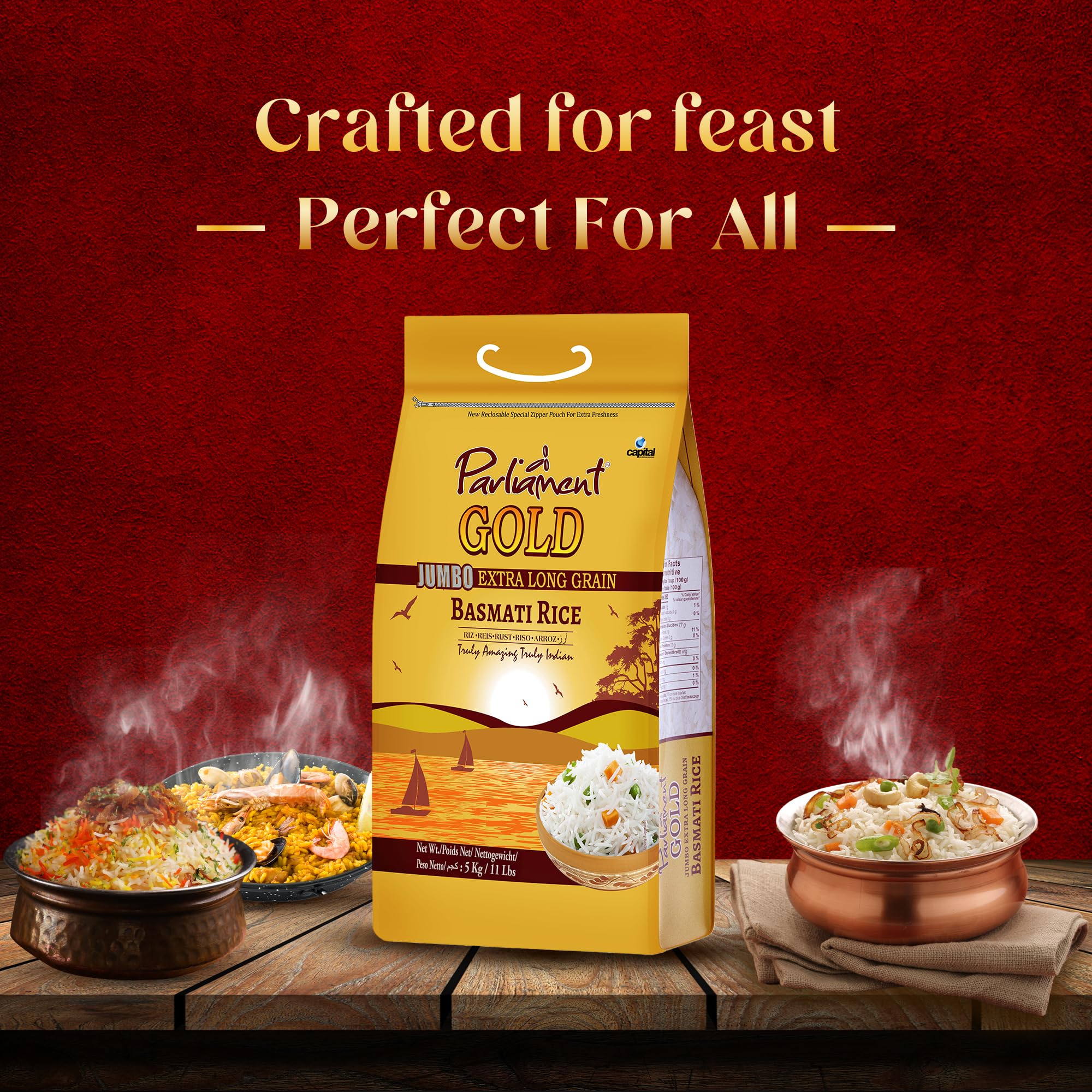Parliament Gold Jumbo Extra Long Basmati Rice Beyond 8mm Indian Risotto All Natural Vegan Gluten Friendly NON-GMO Aged Perfection Luxurious Taste Product of India 2Lbs