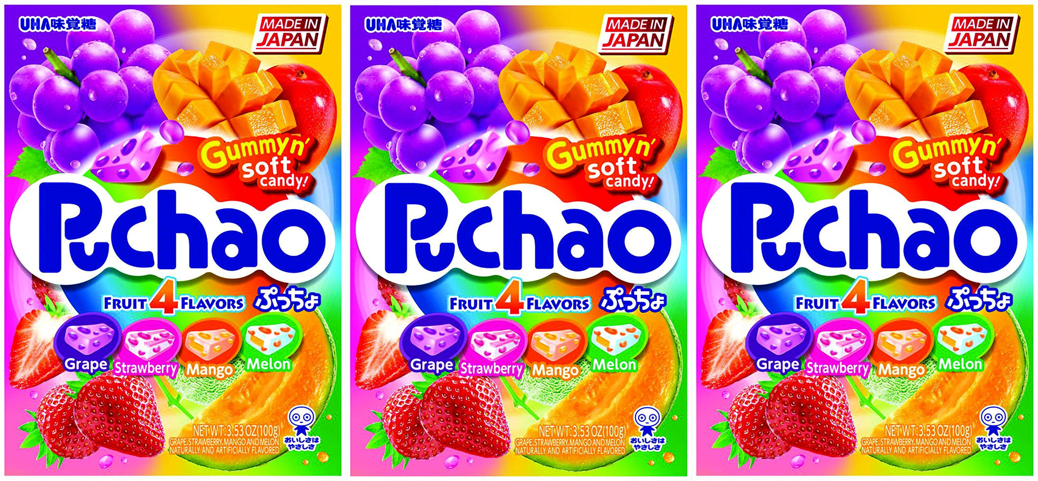 Puchao Gummy n' Soft Candy, 4 Fruits Flavors, 3.53 Ounces, Pack of 3