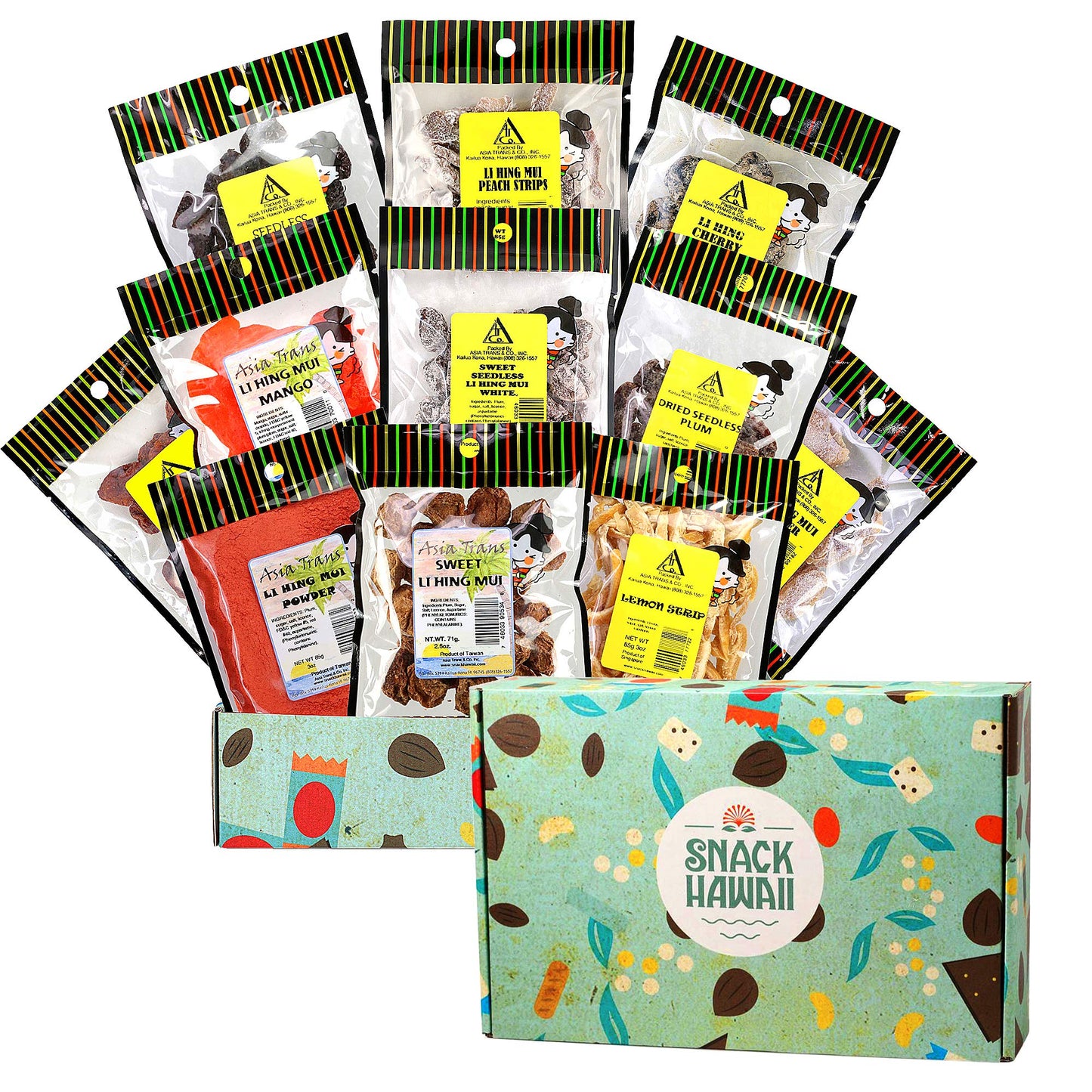 Asia Trans 10-Pack Li Hing Mui Crack Seed Gift Set - Hawaiian Favorite, Sweet, Sour & Salty Dried Asian Plum Candy