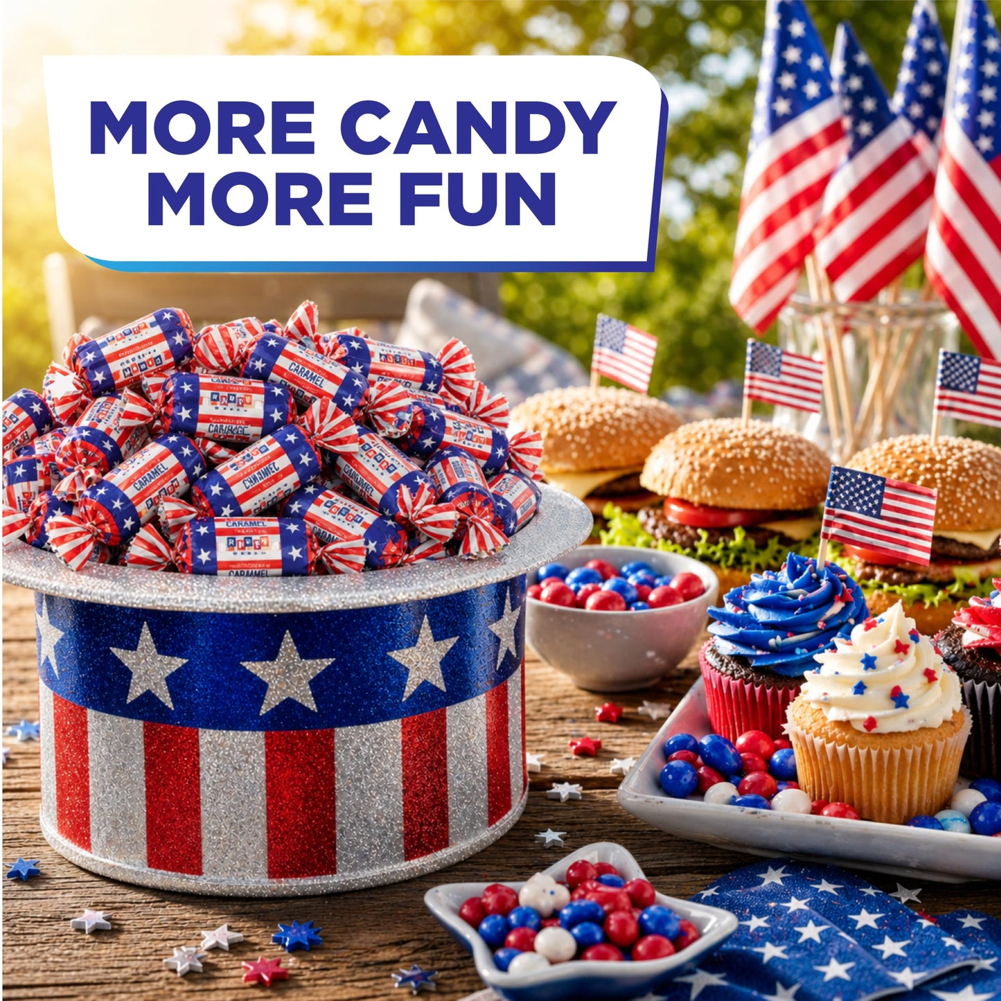 Patriotic Candy - 2 Pound Pack - Chocolate Flavored Caramels - Fourth of July Candy Bulk - Individually Wrapped Red White and Blue Taffies