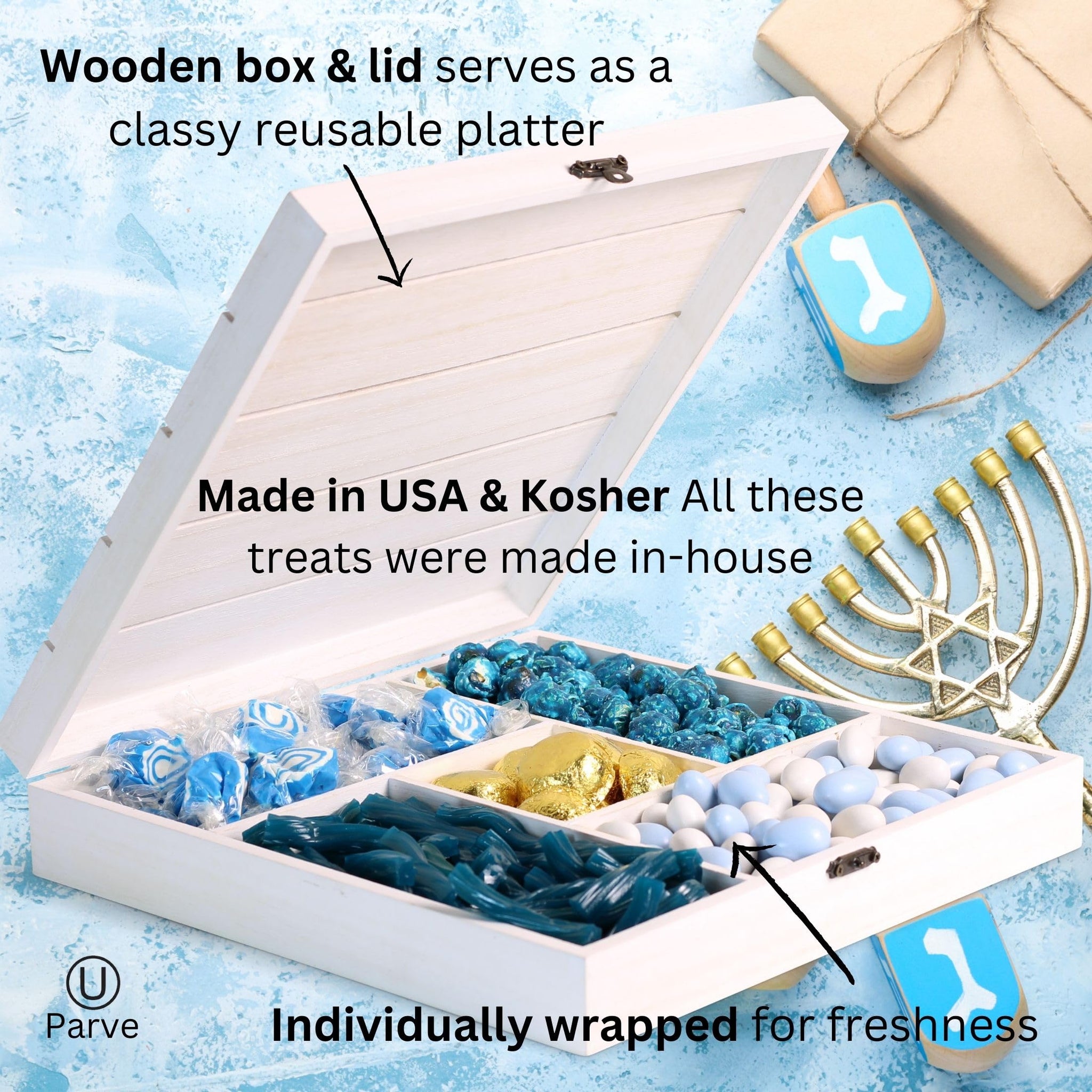 Gourmet Blue Candy Gift Tray - by It's Delish | Wood Gift Basket, in Reusable Wooden Crate with Lid | Gift Box of Holiday Treats and Candies for Baby