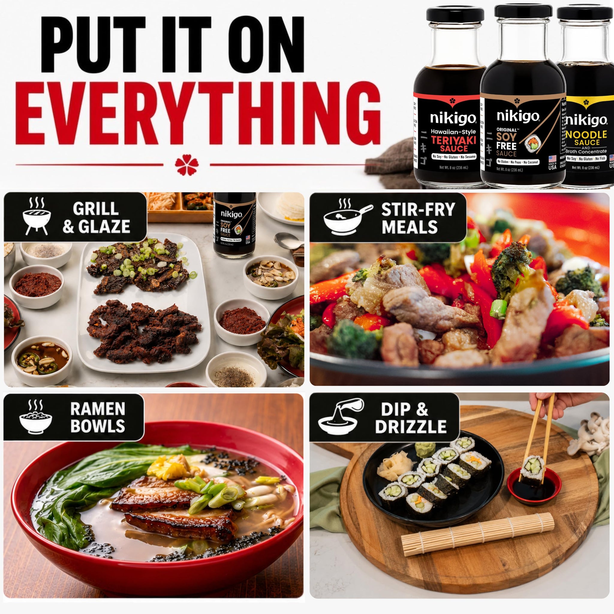 NIKIGO Soy Free Sauces Variety Pack - Original Soy Free Sauce, Hawaiian-Style Teriyaki Sauce, Noodle Sauce & Broth Concentrate - Premium Soy Sauce