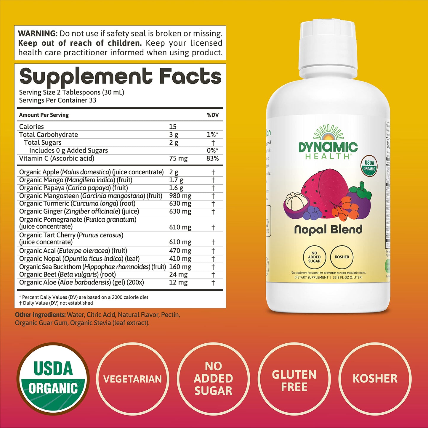 Dynamic Health Nopal Blend Juice with Acai, Certified Organic, Mangosteen and Seabuckthorn, Natural Antioxidants, Omegas, Vitamins and Amino Acids