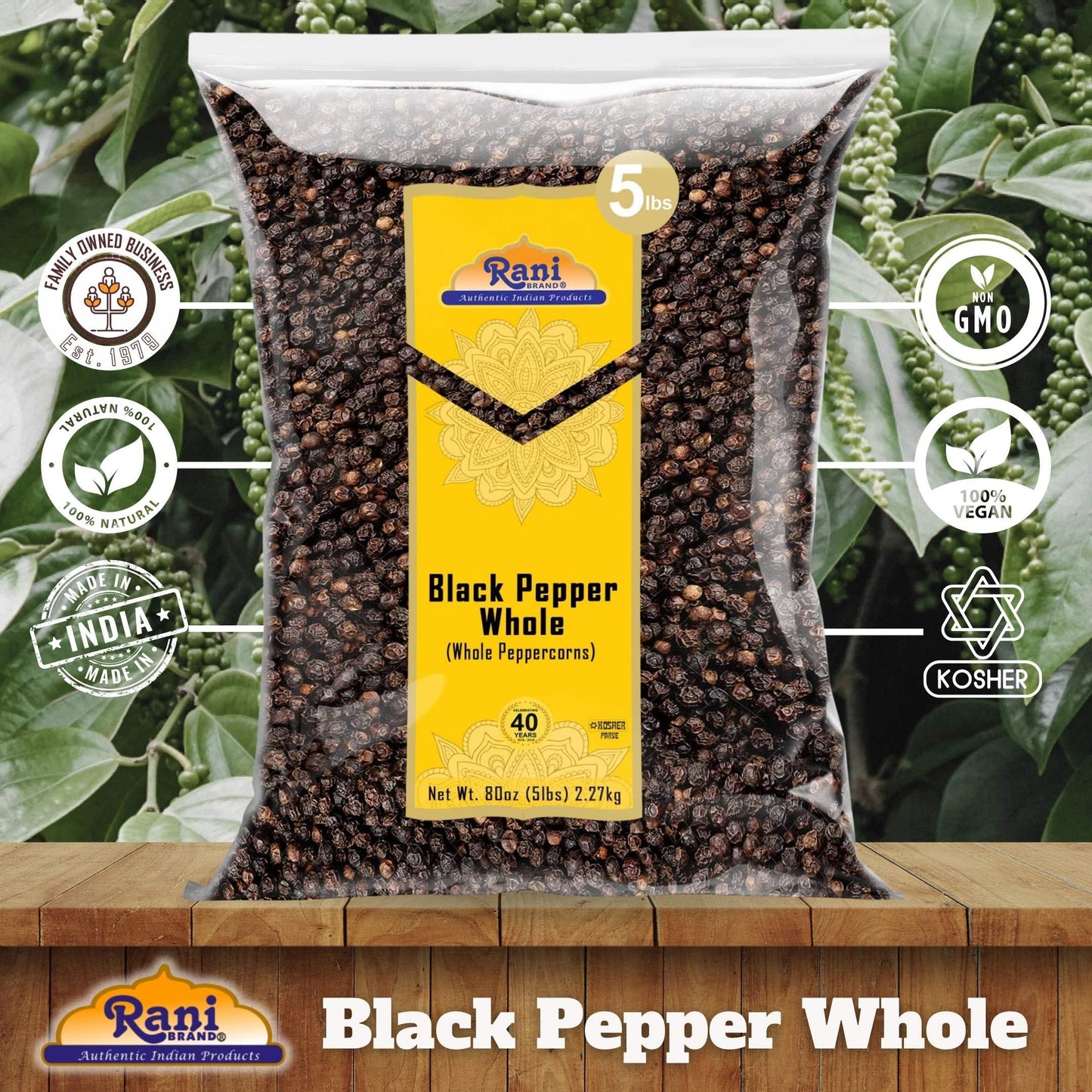 Rani Black Pepper Whole (Peppercorns), Premium MG-1 Grade 80oz (5lbs) 2.27kg Bulk ~ All Natural | Gluten Friendly | Non-GMO | Kosher | Product