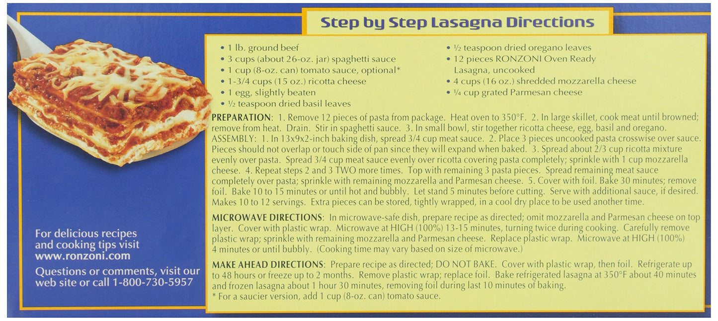 Ronzoni Oven Ready Pasta, Lasagne, 8 oz