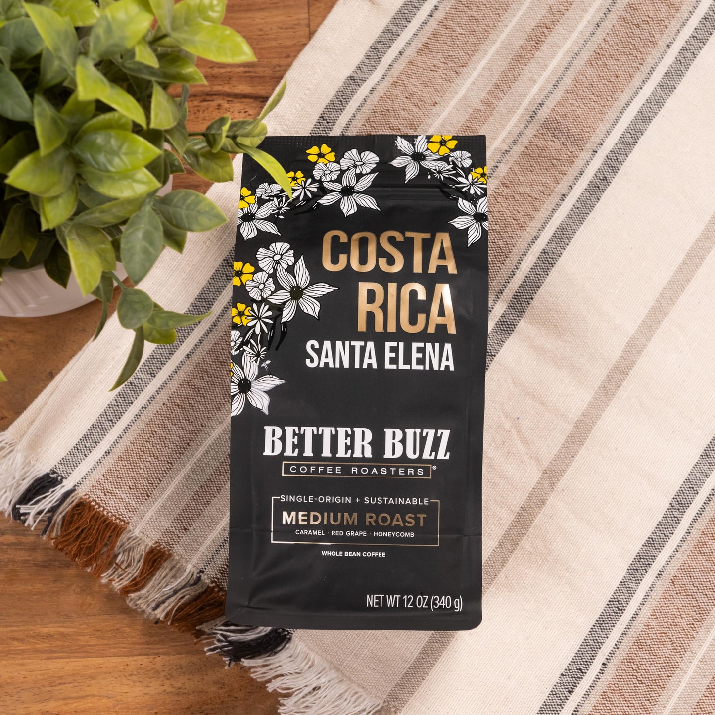 Better Buzz Costa Rica Whole Bean Coffee Medium Roast, 12 Ounce (Pack of 1), Small Batch Roasted Arabica Coffee Beans, Caramel and Honeycomb Notes