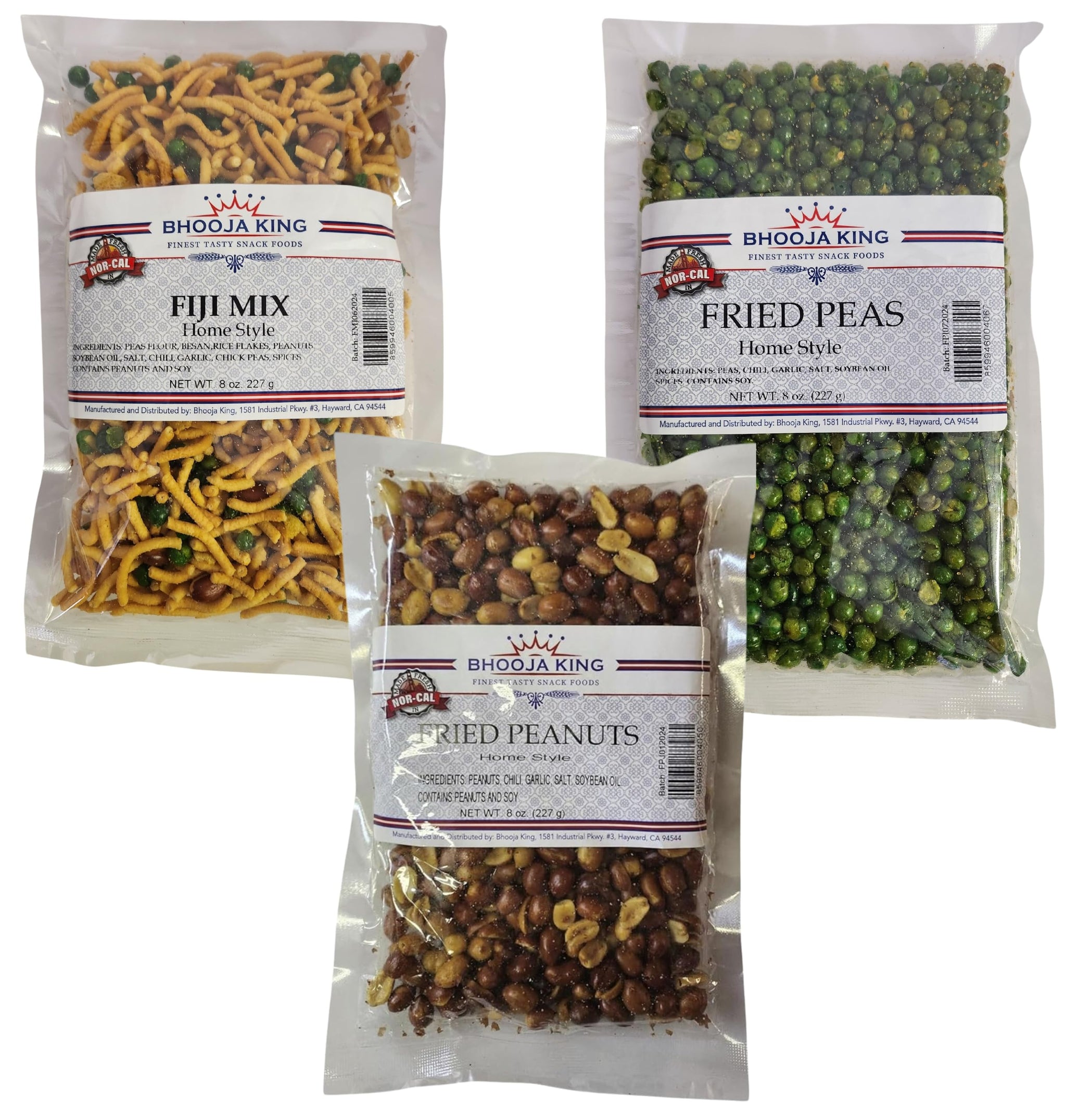 FIJI Snacks - Mix Bhooja, Fried Peas, Fried Peanuts (Pack Of 3 x 227g Ea) Home Style Made Variety Pack, Finest Tasty Snacks!