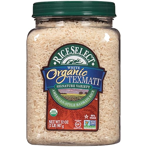 RiceSelect Organic Texmati White Basmati Rice, Premium Long Grain Organic American Basmati Rice, Gluten-Free, Non-GMO, Kosher, 32oz Jar (Pack of 1)