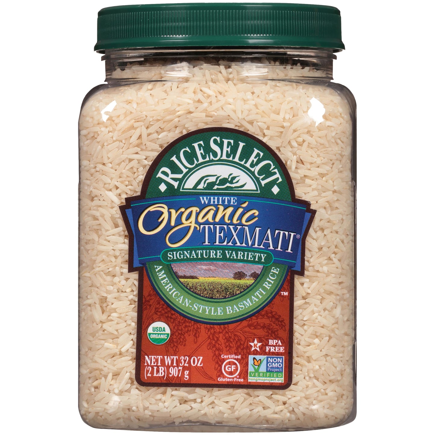 RiceSelect Organic Texmati White Basmati Rice, Premium Long Grain Organic American Basmati Rice, Gluten-Free, Non-GMO, Kosher, 32oz Jar (Pack of 1)