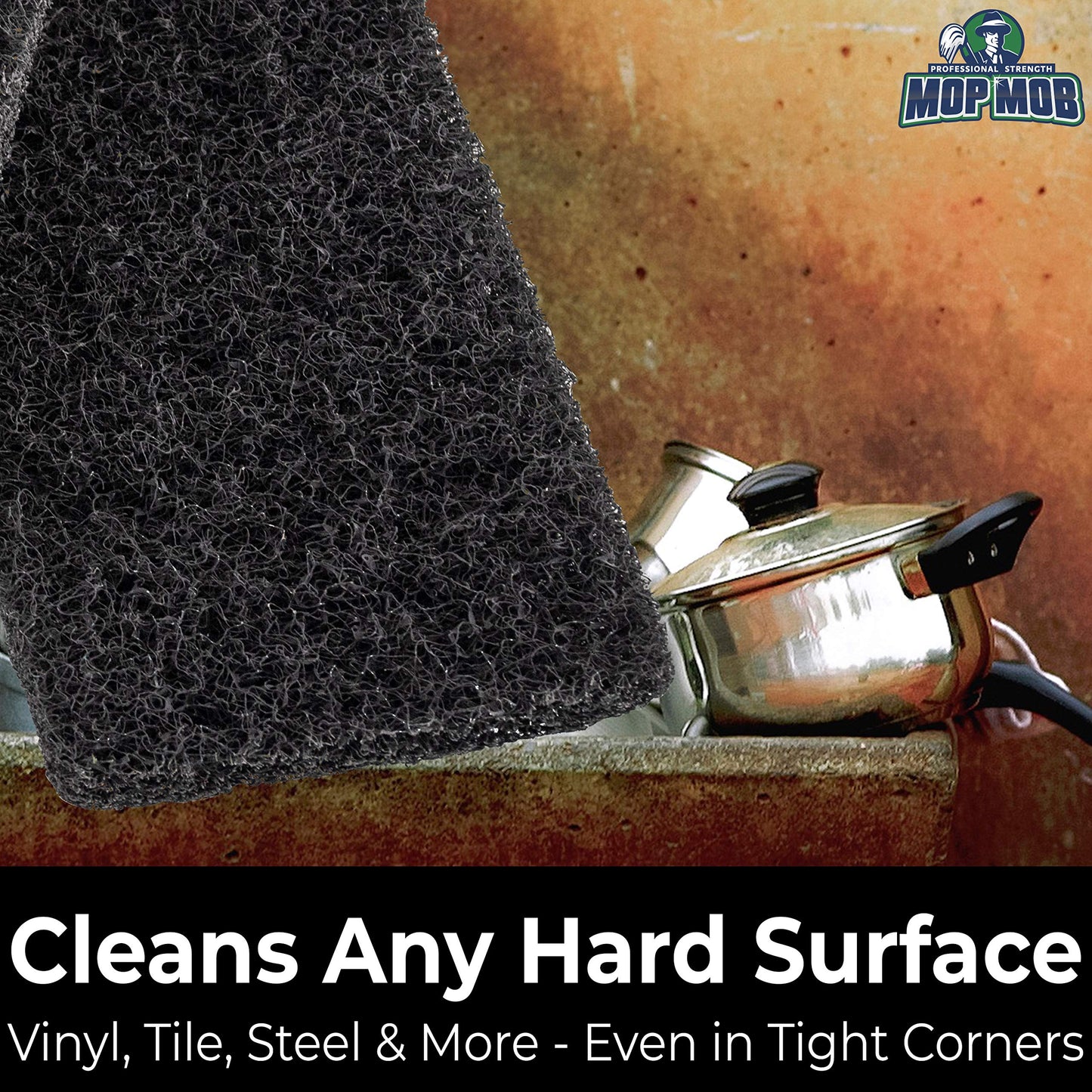 Heavy Duty XL Black Scouring Pad 5 Pack. 10 x 4.5in Large Multipurpose Nylon Scrubbing Sponges. Clean Bathrooms, Kitchens, Counters and Floors
