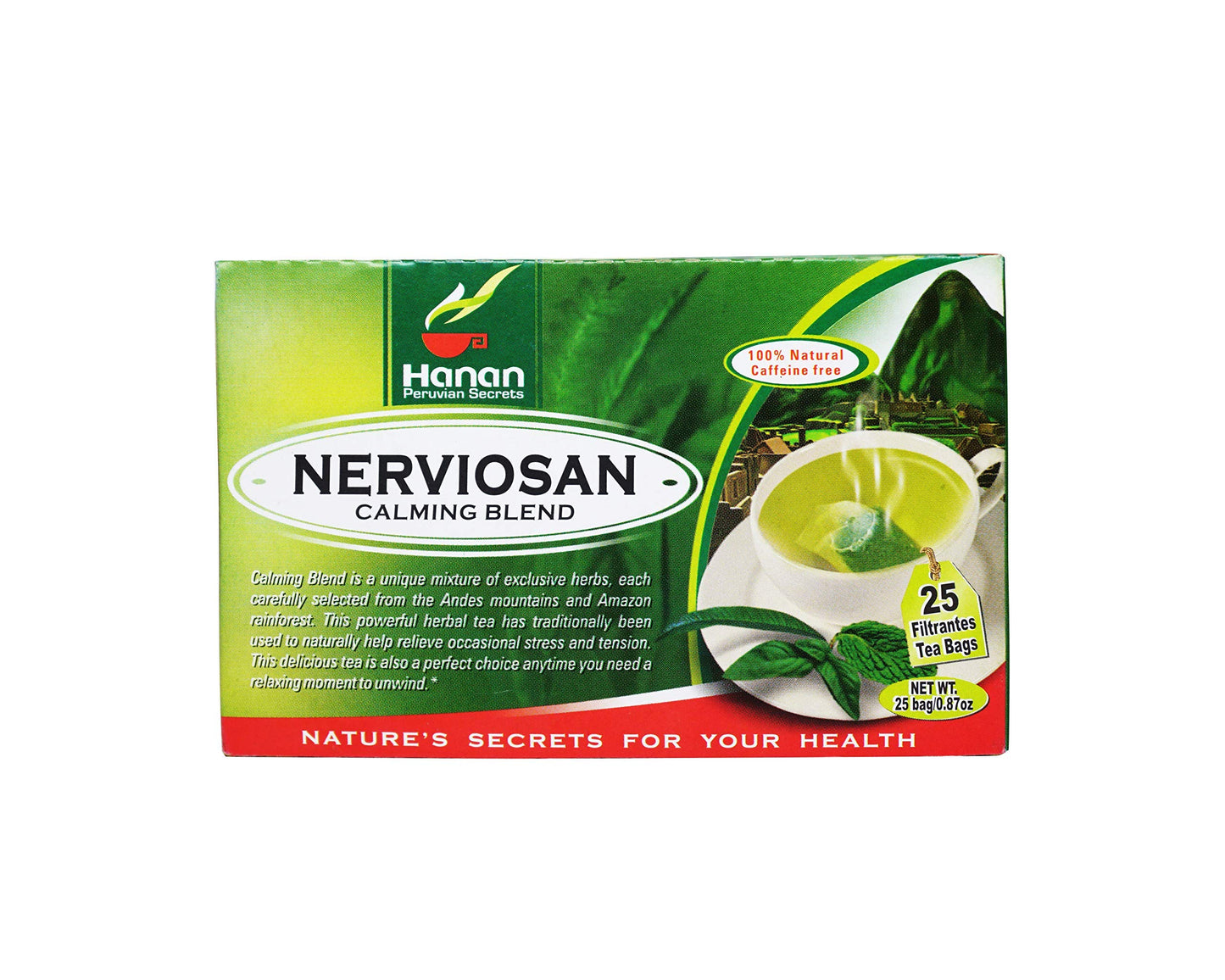 Hanan Peruvian Secrets Nerviosan Herbal Tea | 100% Natural Calming Blend | 25 Tea Bags | Naturally Aids in Relieving Occasional Stress and Tension |