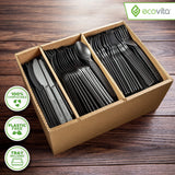 Ecovita 100% Compostable Forks Spoons Knives Cutlery Combo Set - 380 Large Disposable Utensils (7 in.) Eco Friendly Durable and Heat Resistant