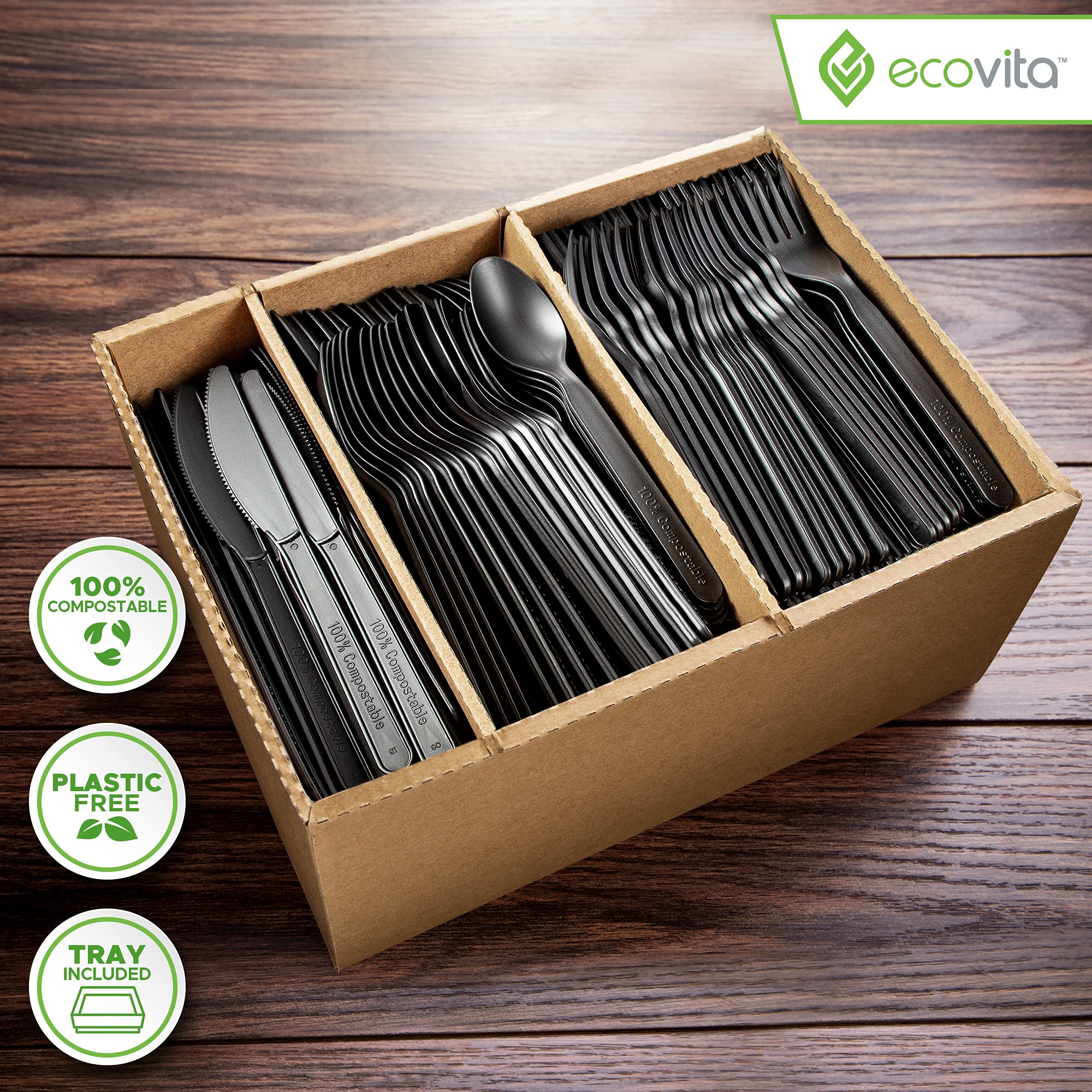 Ecovita 100% Compostable Forks Spoons Knives Cutlery Combo Set - 380 Large Disposable Utensils (7 in.) Eco Friendly Durable and Heat Resistant