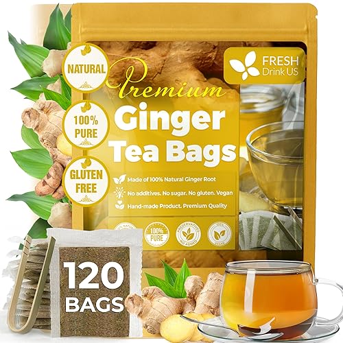 FreshDrinkUS, 120 Ginger Tea Bags, 100% Natural & Pure. Ginger Herbal Tea. No Sugar, No Caffeine, No Gluten, Vegan.