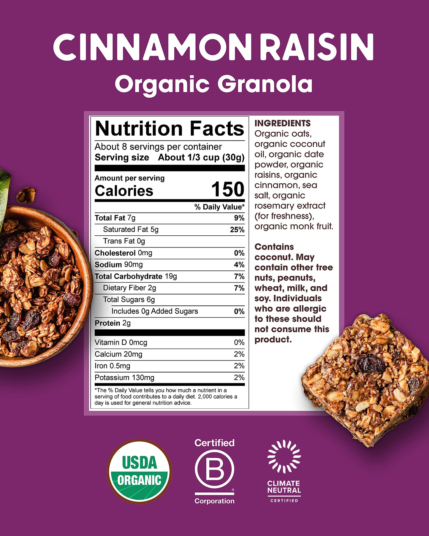 Alter Eco Cinnamon Raisin Granola, Healthy, Organic Breakfast & Snack, Naturally Sweetened with Fruit, Vegan, No Artificial Sugars or Additives