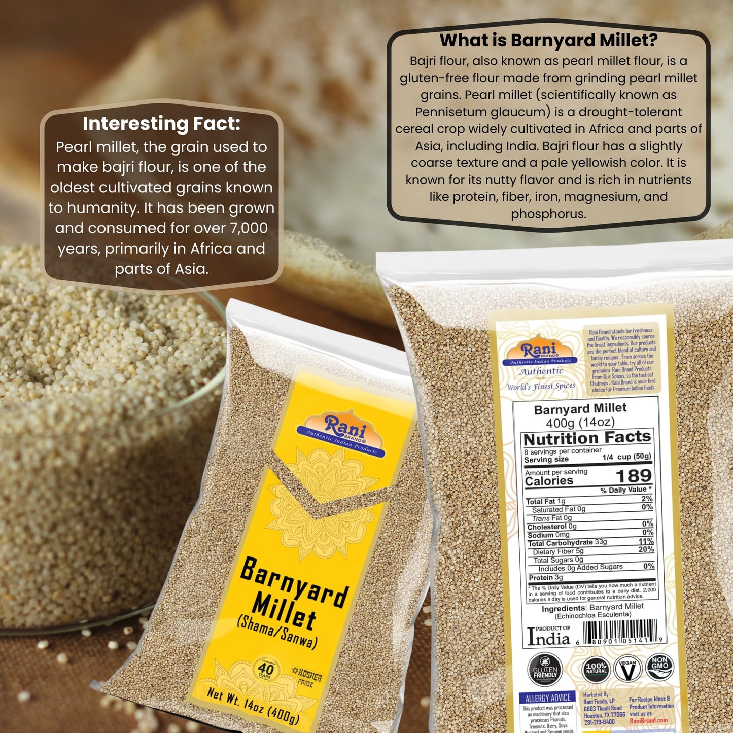 Rani Barnyard Millet (Echinochloa Esculenta Frumantacea) Whole Ancient Grain Seeds 14oz (400g) ~ All Natural | Gluten Friendly | NON-GMO | Kosher | Vegan | Indian Origin | Shama/Sanwa