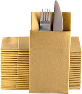 Moyes Home Gold Dinner Napkins with Silverware Pocket (50 Pack) - Linen-Feel Disposable Cloth-Like Paper Napkins for Weddings, New Year’s Eve