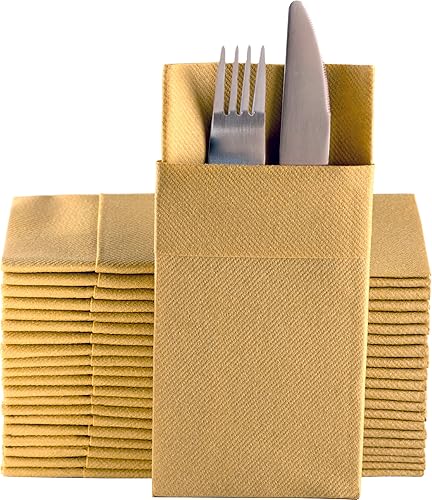 Moyes Home Gold Dinner Napkins with Silverware Pocket (50 Pack) - Linen-Feel Disposable Cloth-Like Paper Napkins for Weddings, New Year’s Eve