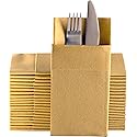 Moyes Home Gold Dinner Napkins with Silverware Pocket (50 Pack) - Linen-Feel Disposable Cloth-Like Paper Napkins for Weddings, New Year’s Eve
