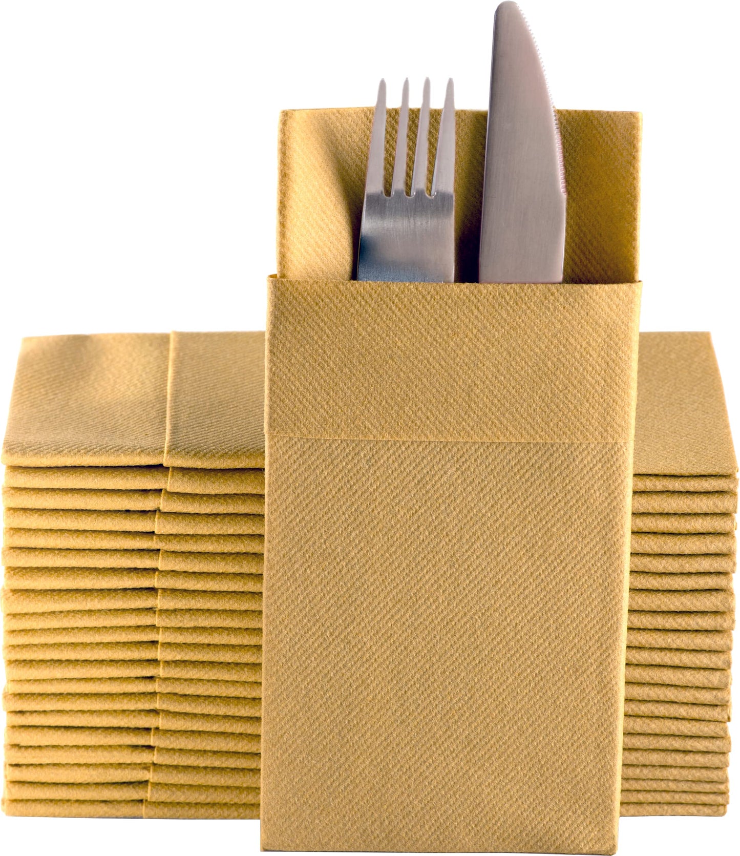 Moyes Home Gold Dinner Napkins with Silverware Pocket (50 Pack) - Linen-Feel Disposable Cloth-Like Paper Napkins for Weddings, New Year’s Eve