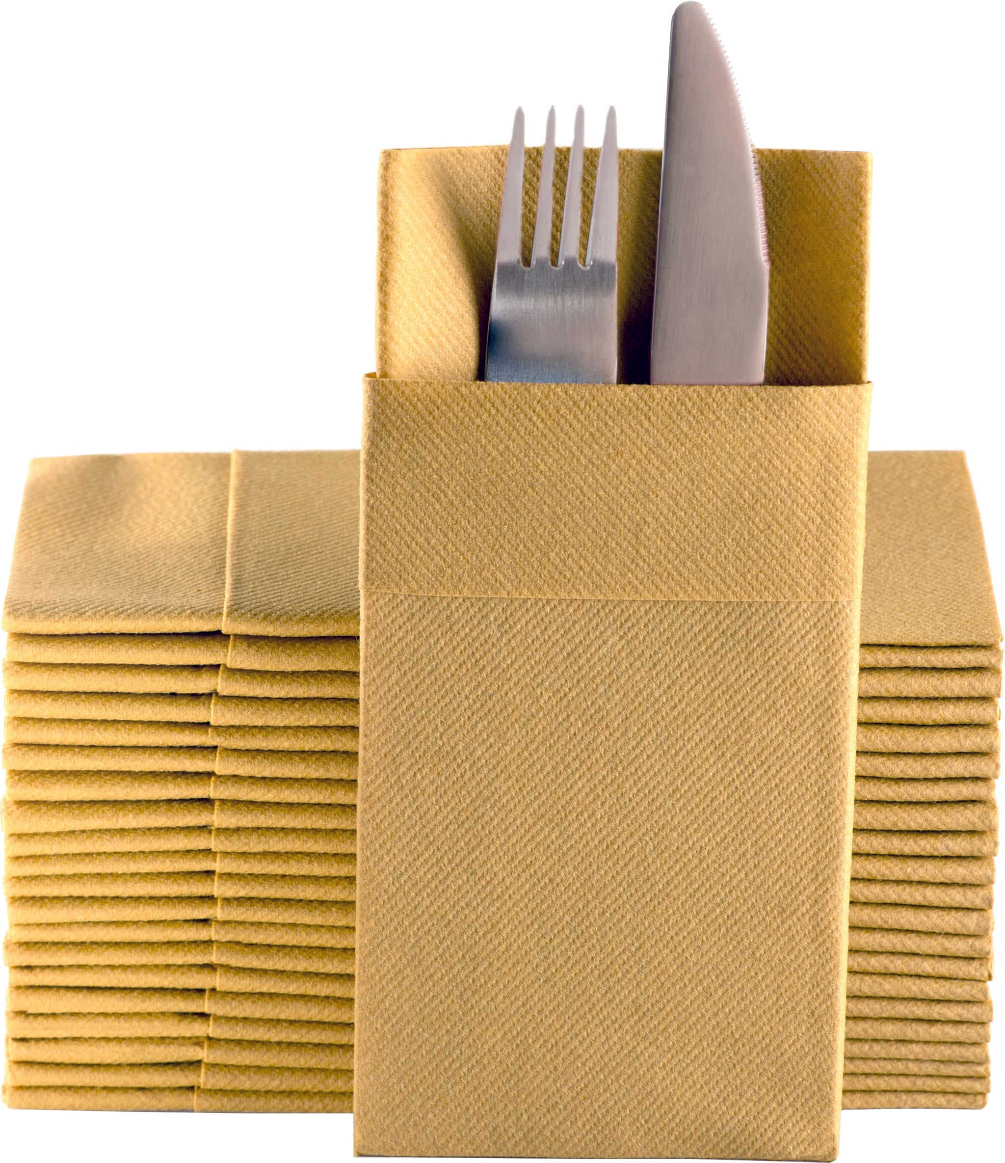 Moyes Home Gold Dinner Napkins with Silverware Pocket (50 Pack) - Linen-Feel Disposable Cloth-Like Paper Napkins for Weddings, New Year’s Eve
