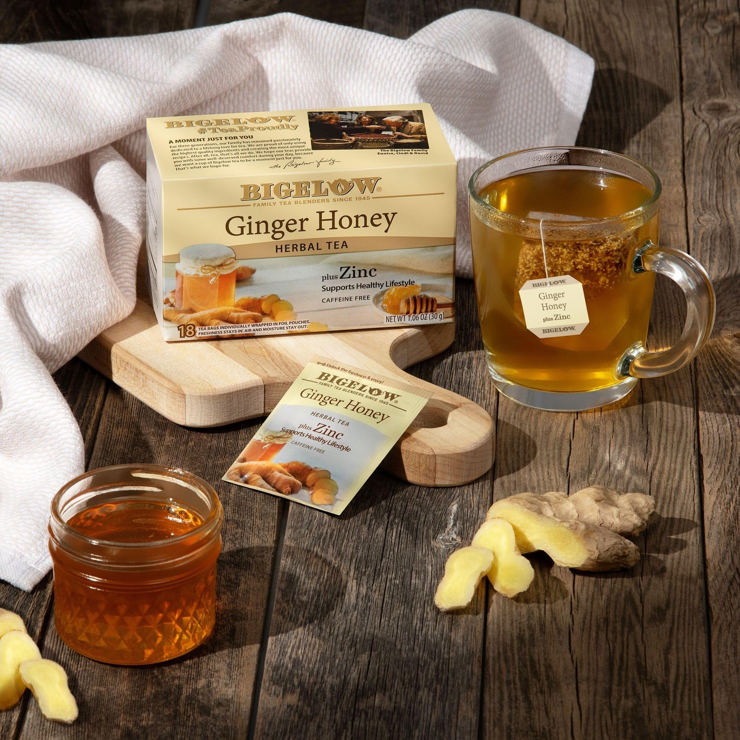 Bigelow Tea Ginger Honey plus Zinc Herbal Tea, Caffeine Free, 18 Total Tea Bags (Pack of 1)