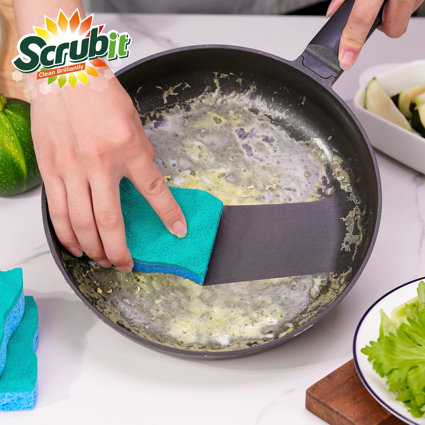 SCRUBIT Multi-Use Scrub Sponge - Non-Scratch Kitchen Sponges for Dishes, Pots & Pans - Heavy Duty & Odor-Free Rippled Scrubbing Pad, Designed