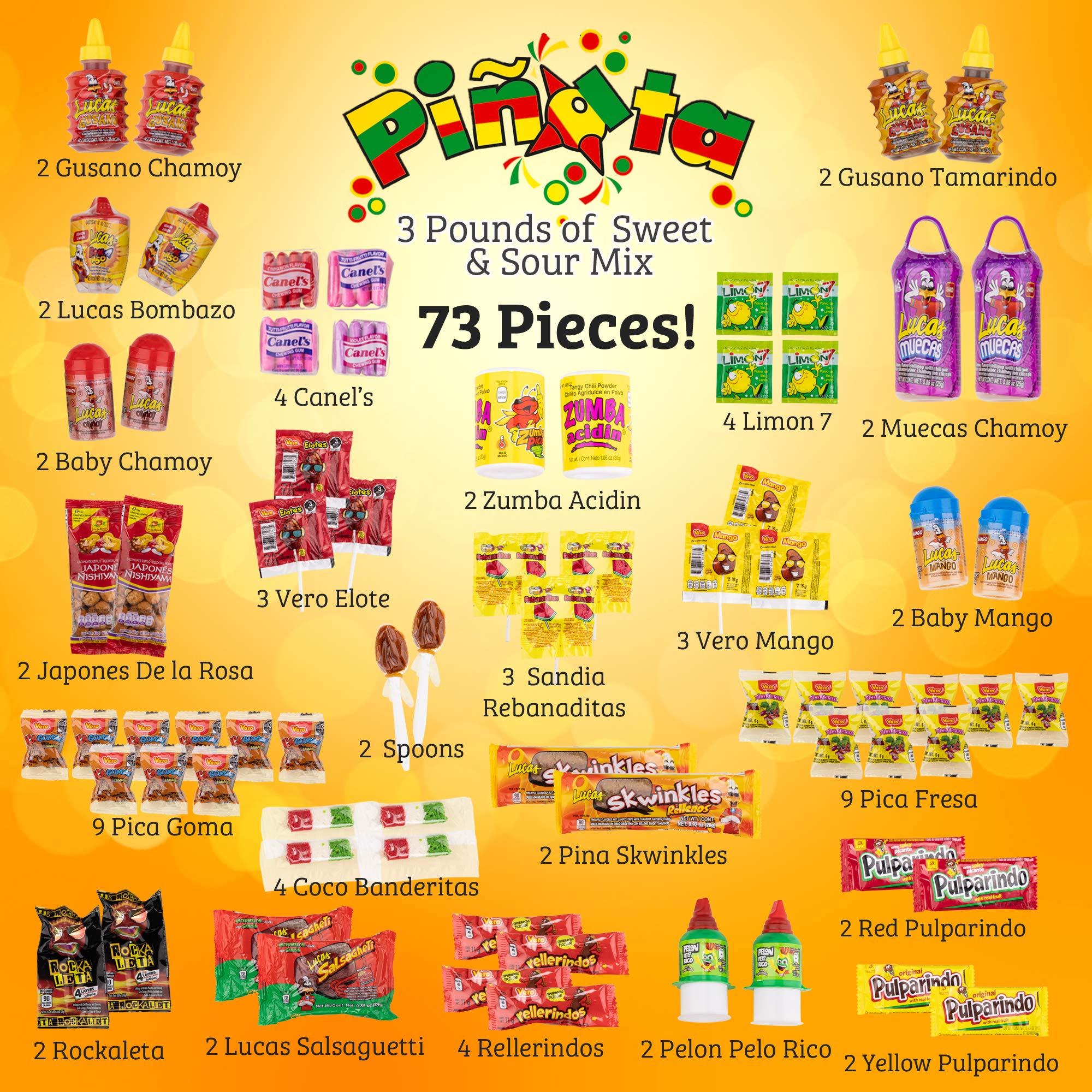 Pinata Mexican Candy Box - Sweet and Sour - 73 Pack - 3 Pounds - Authentic Mexican Candy Assortment - Dulces Mexicanos Variety Pack - Candies Mix