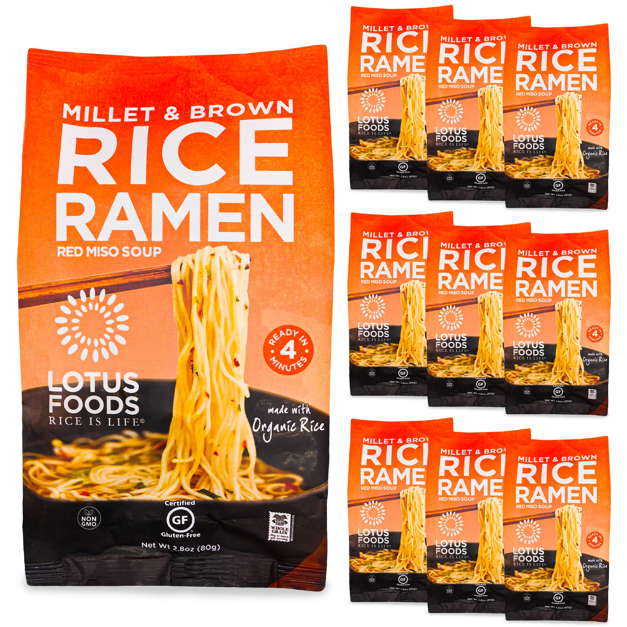 Lotus Foods Bulk Food Organic Millet & Brown Rice Ramen Noodles with Red Miso Soup, Gluten-Free Easy to Cook & Healthy Japanese Noodles with Instant