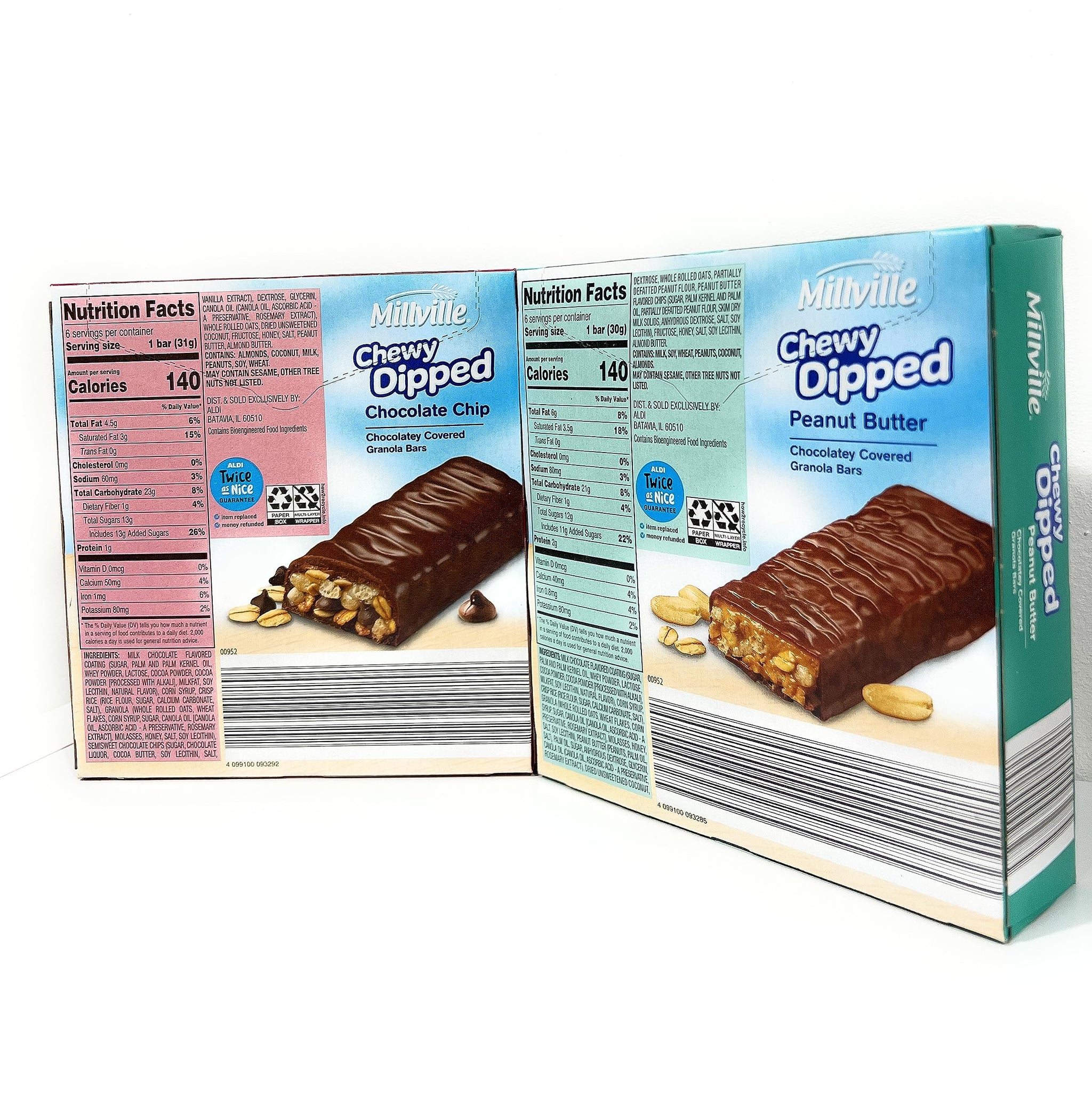 Millville Chewy Dipped Two Flavors Chocolaty Covered Granola Bars Combo Bundle 6.3oz 180g (Pack of Four)