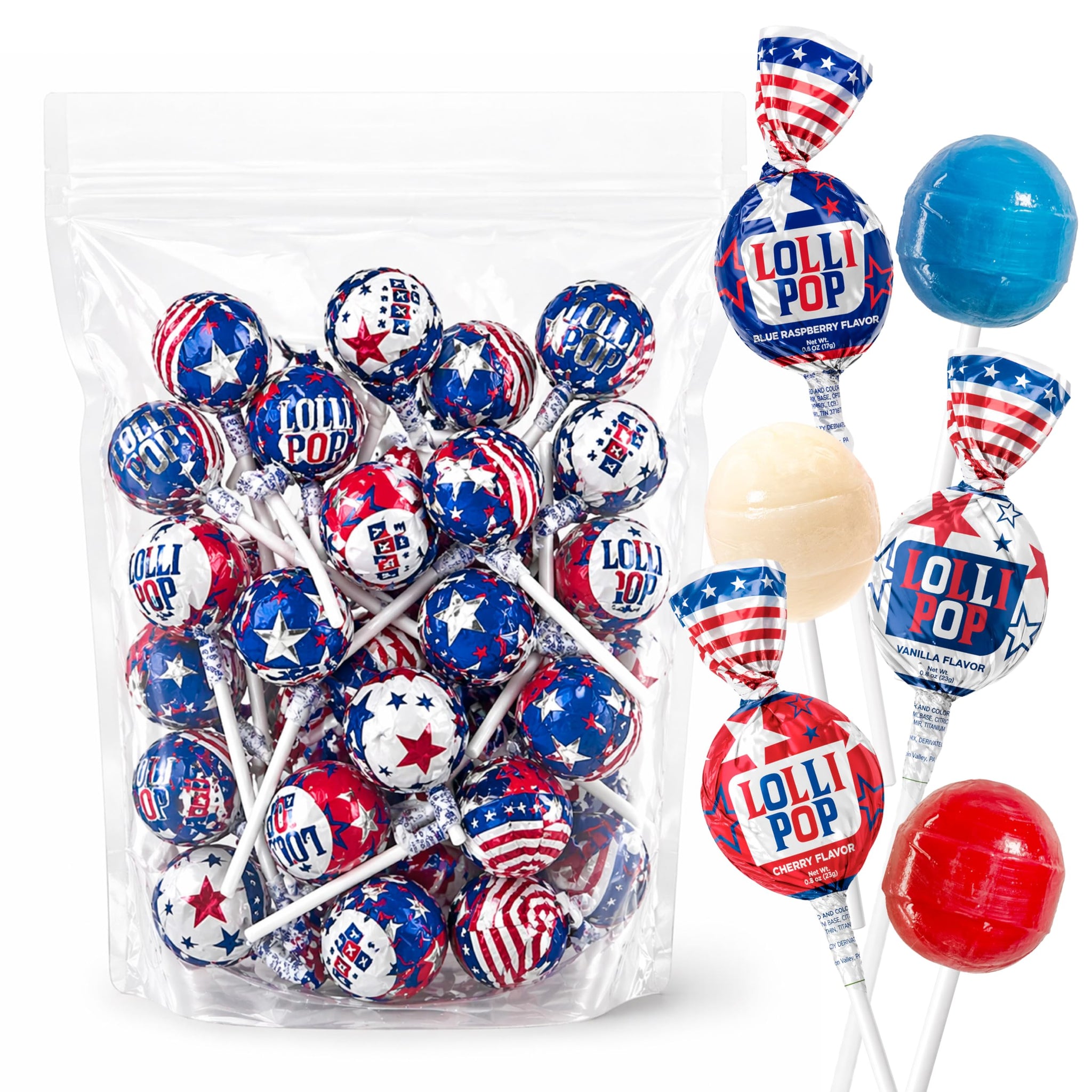 Patriotic Candy - 2 Pound Bulk Pack - 35 Count - 4th of July Lollipops - Red White and Blue Candy - Cherry, Vanilla, Blue Raspberry - Gum Filled Pops