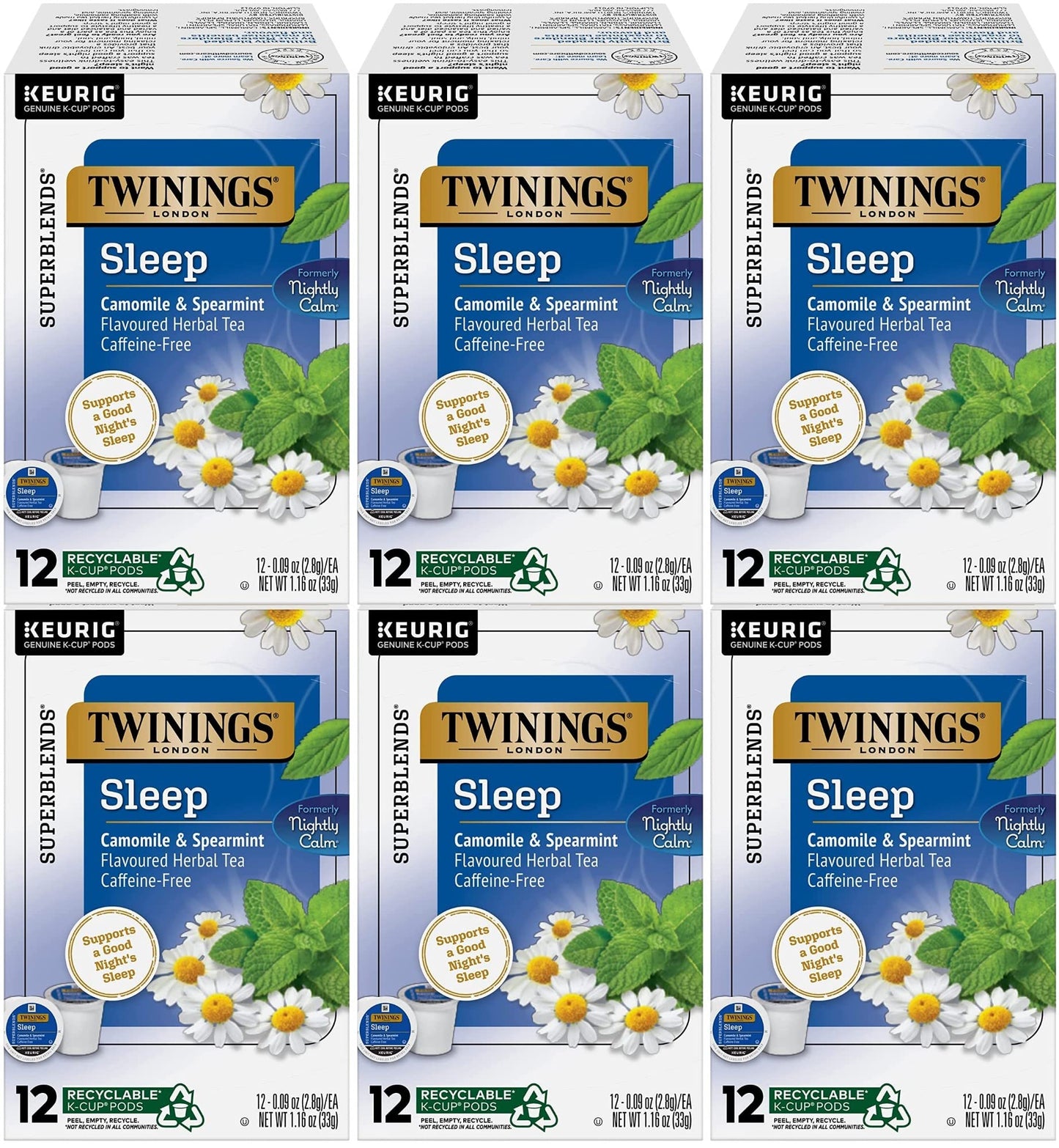 Twinings Sleep Nightly Calm Herbal Tea Single Serve K-Cup Pods for Keurig Brewers, 12 Count Box (Pack of 6)