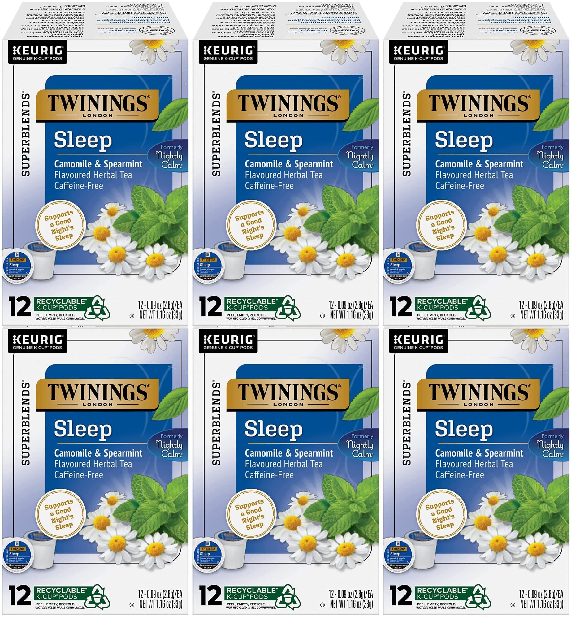 Twinings Sleep Nightly Calm Herbal Tea Single Serve K-Cup Pods for Keurig Brewers, 12 Count Box (Pack of 6)
