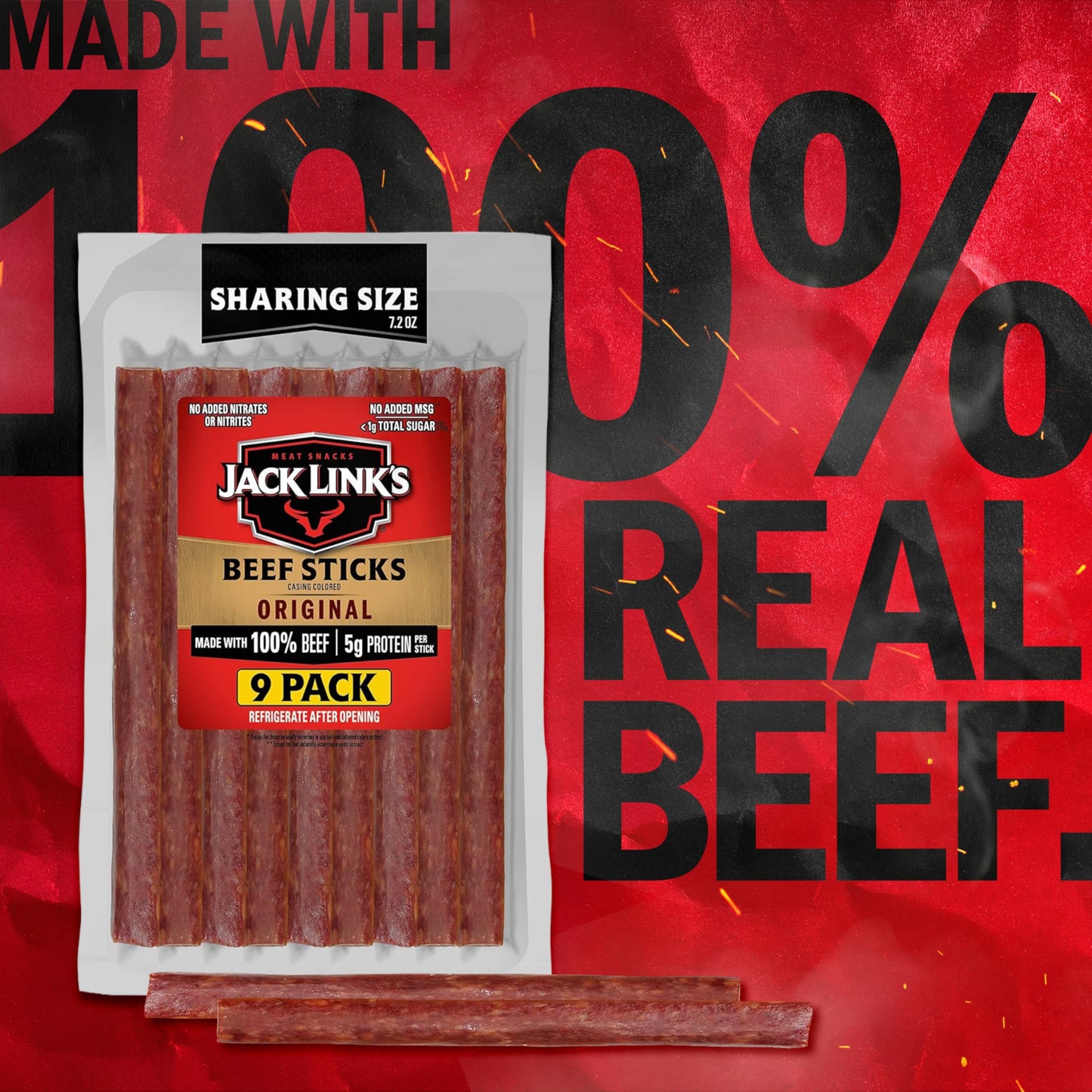 Jack Link's Beef Sticks, Original Flavor Meat Snack Stick - Protein Snack, Meat Stick, Made with 100% Beef, Keto Friendly - 7.2 Oz.