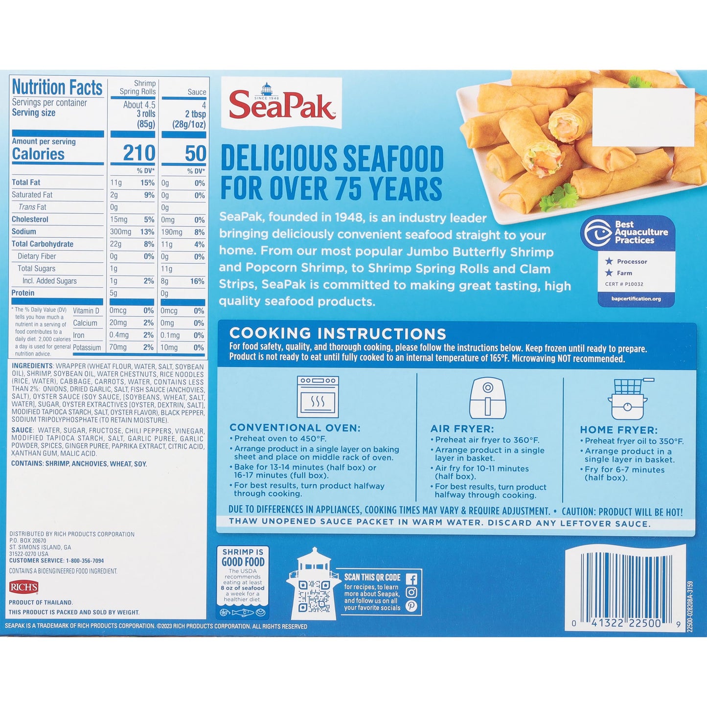 SeaPak Frozen Meals - Shrimp Spring Rolls with Sweet Chili Sauce, Easy to Bake Frozen Appetizers for Parties, 18 oz Spring Roll Delight