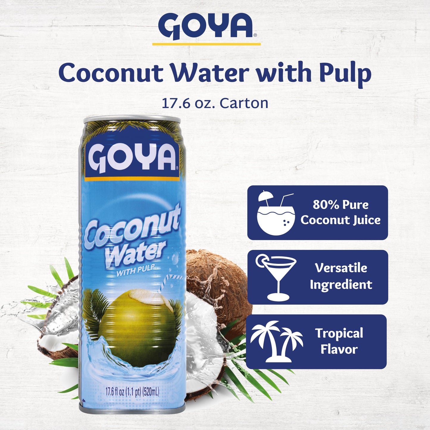 Goya Pure Coconut Water with Pulp, Tropical Hydration with Real Fruit, Great for Smoothies, Snacks, and Post-Workout Drinks, 2-Pack (17.6 oz Cans)
