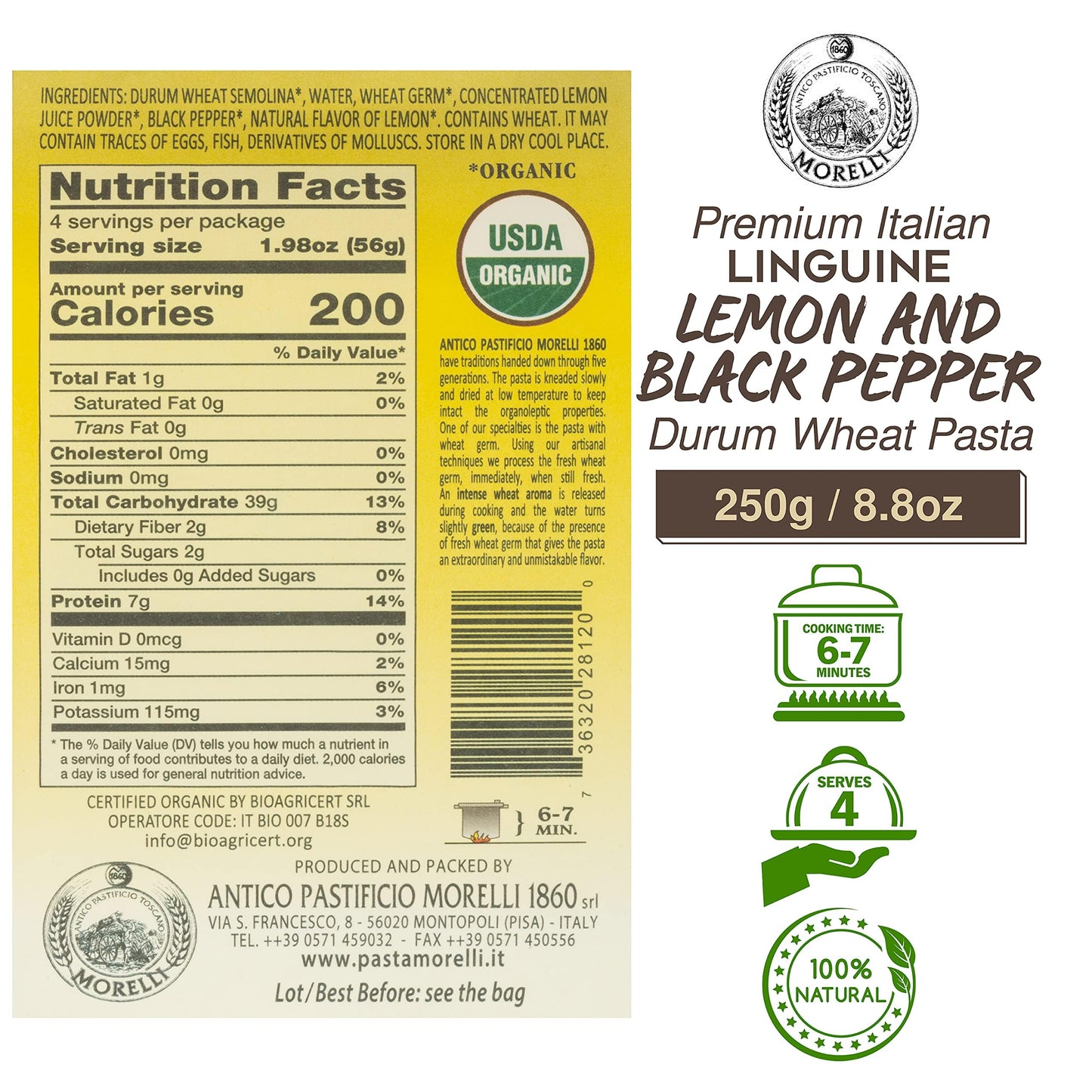 Morelli Lemon Pepper Linguine Pasta with Wheat Germ - Imported Linguine Organic Pasta from Italy - Naturally Flavored, Made in Italy - 8.8 oz (Pack